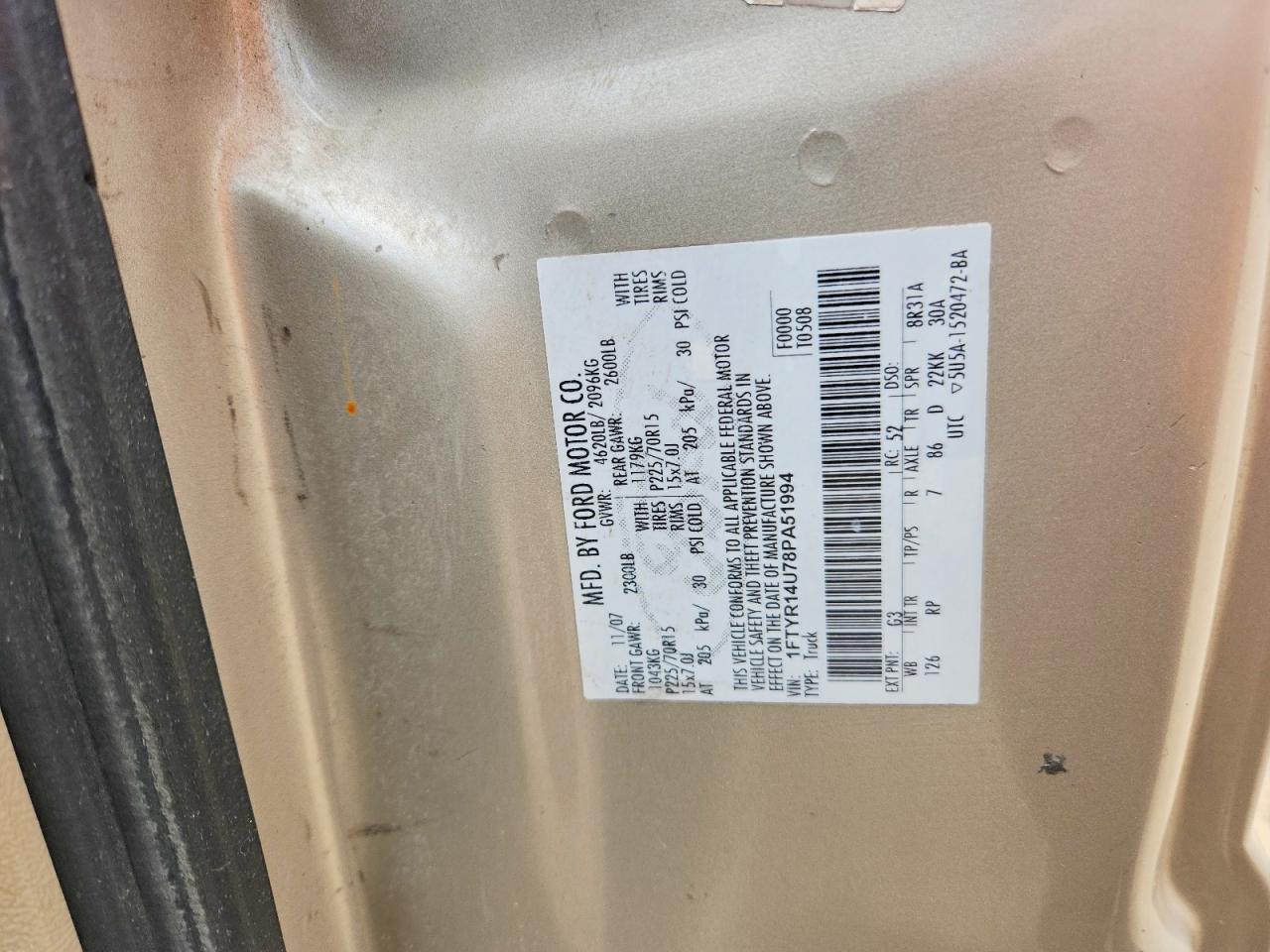 2008 Ford Ranger Super Cab Gold vin: 1FTYR14U78PA51994