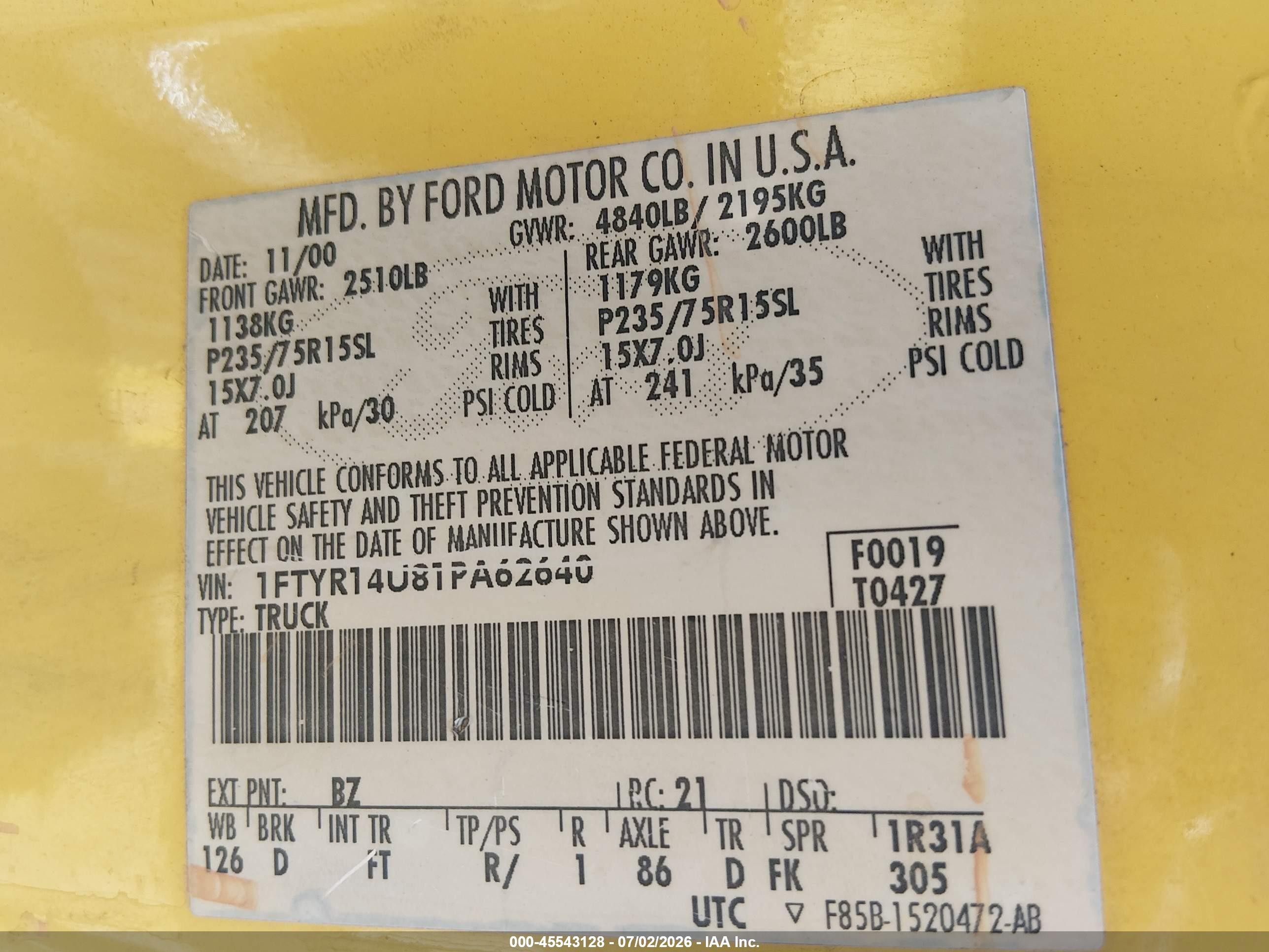 2001 Ford Ranger Edge/xl/xlt Yellow vin: 1FTYR14U81PA62640