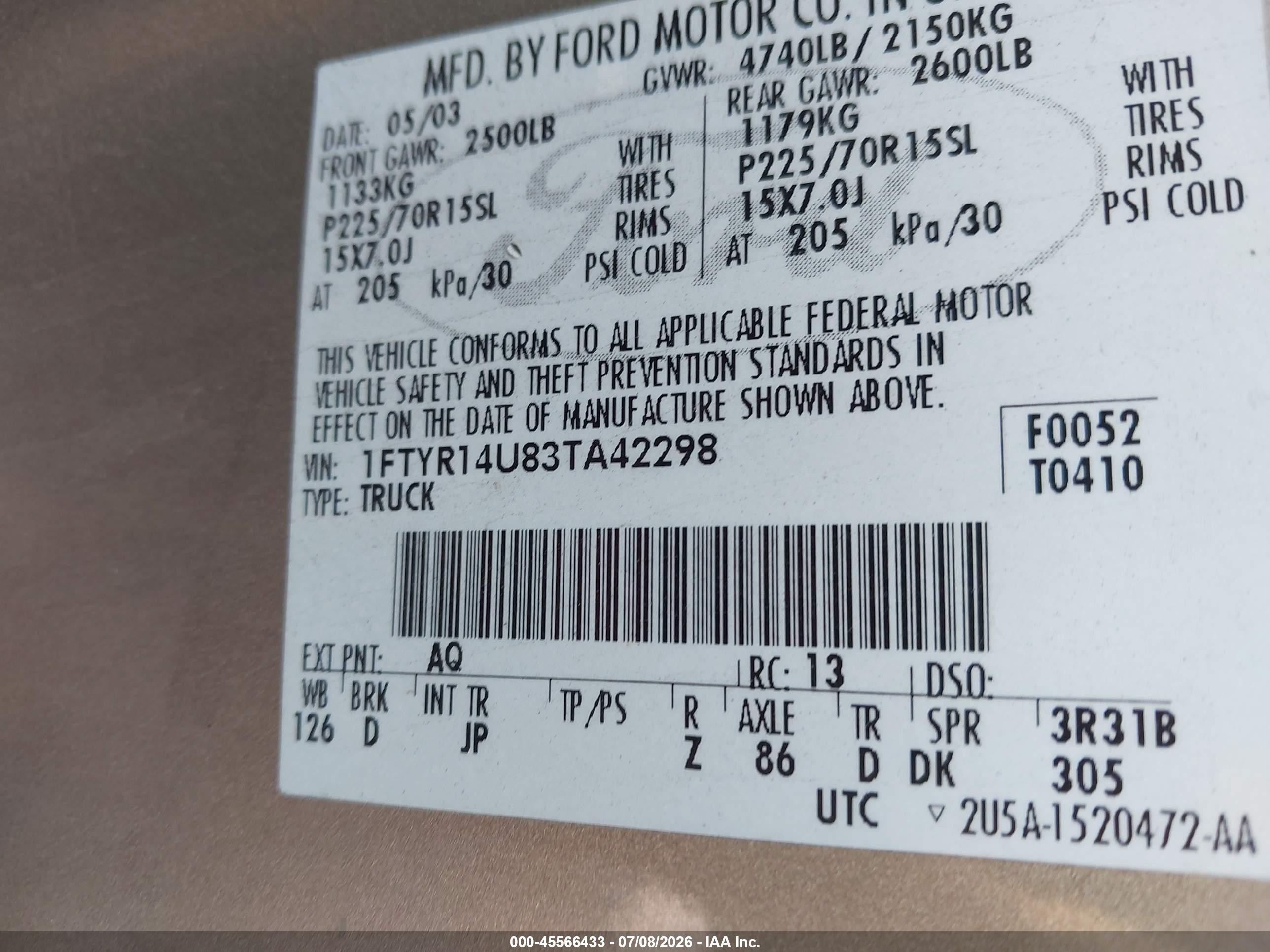 2003 Ford Ranger Edge/tremor/xl/xlt Gold vin: 1FTYR14U83TA42298