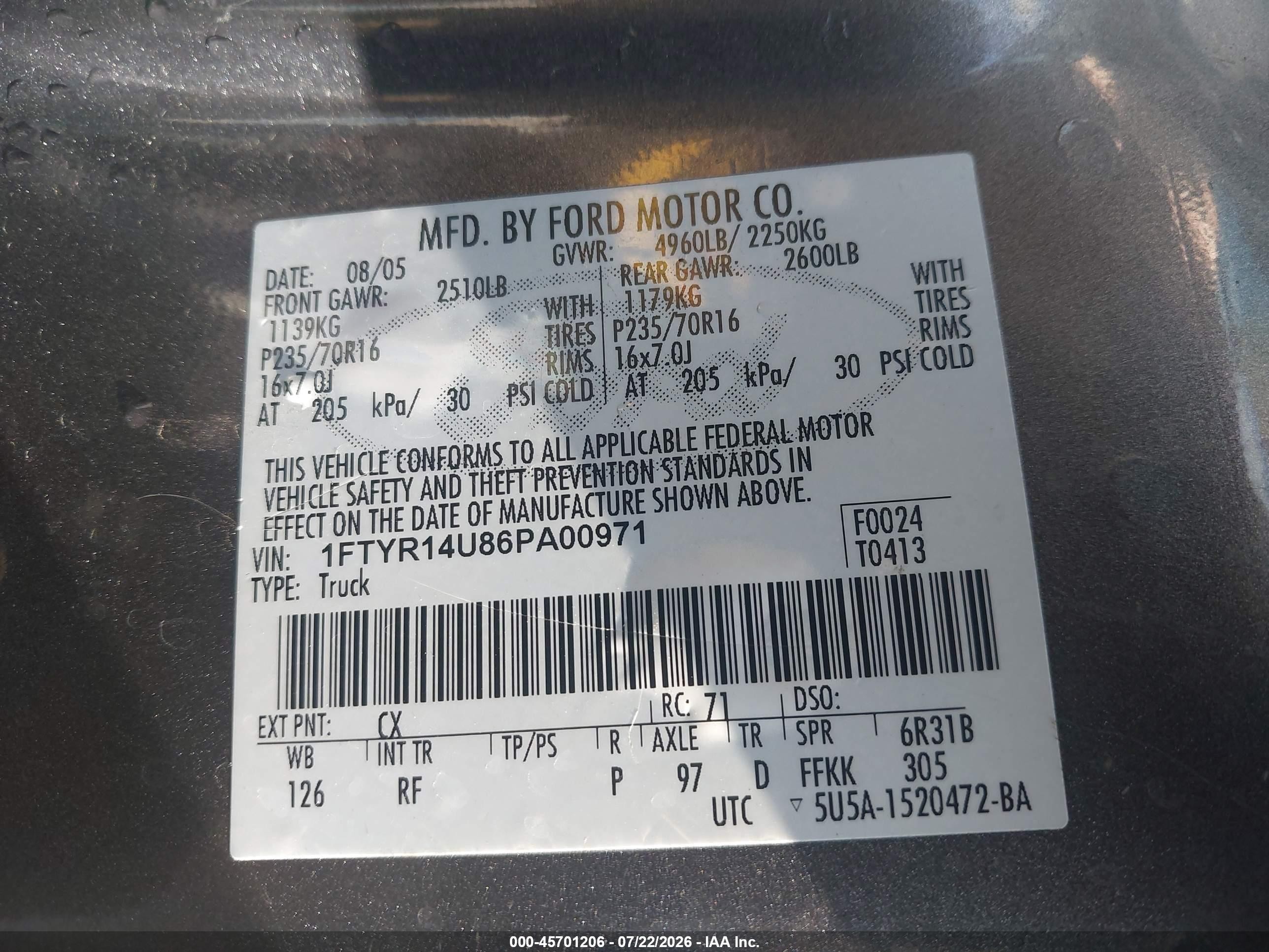 2006 Ford Ranger Sport/stx/xl/xlt Серый vin: 1FTYR14U86PA00971