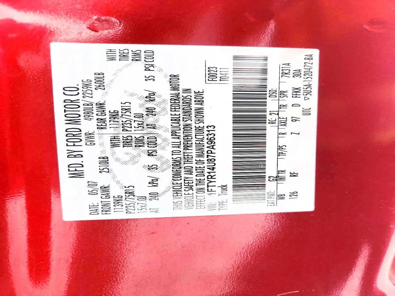 2007 Ford Ranger Super Cab Red vin: 1FTYR14U87PA96313