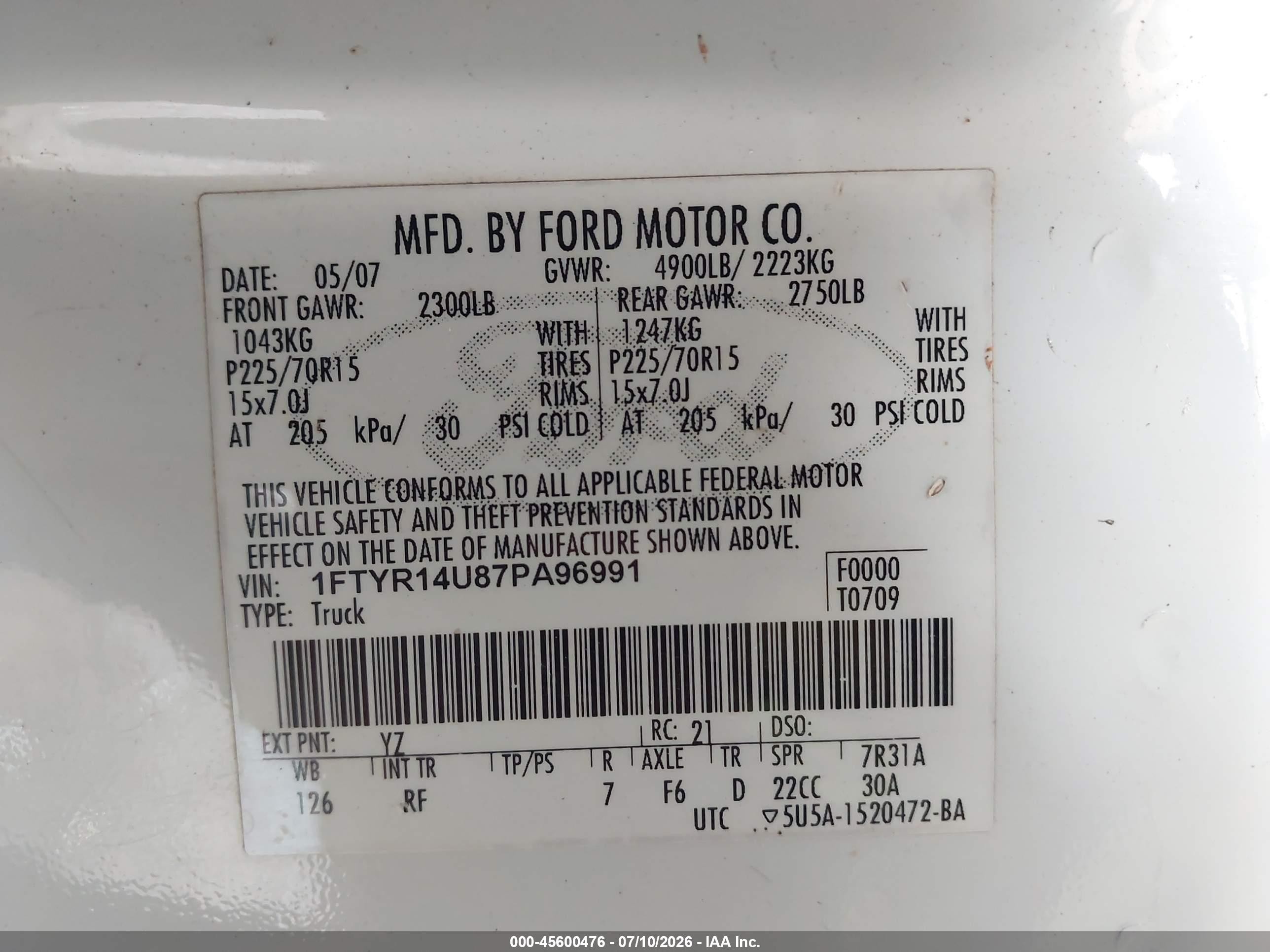 2007 Ford Ranger Sport/stx/xl/xlt White vin: 1FTYR14U87PA96991