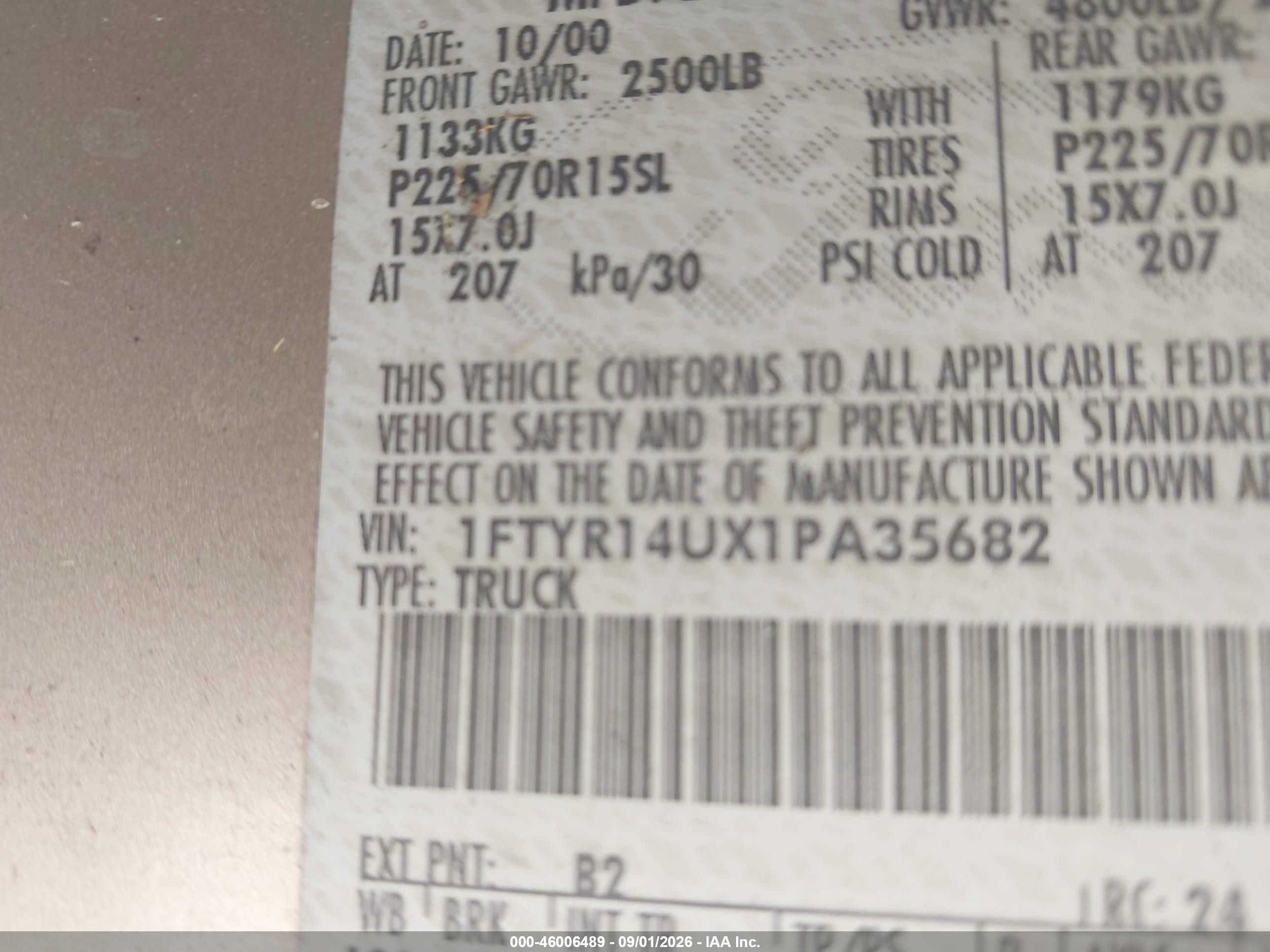 2001 Ford Ranger Edge/xl/xlt Gold vin: 1FTYR14UX1PA35682