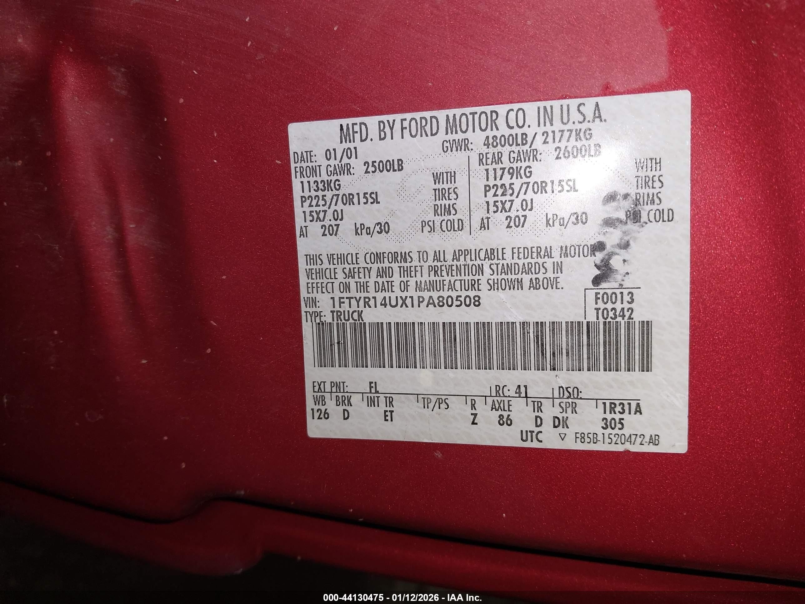2001 Ford Ranger Edge/xl/xlt Red vin: 1FTYR14UX1PA80508