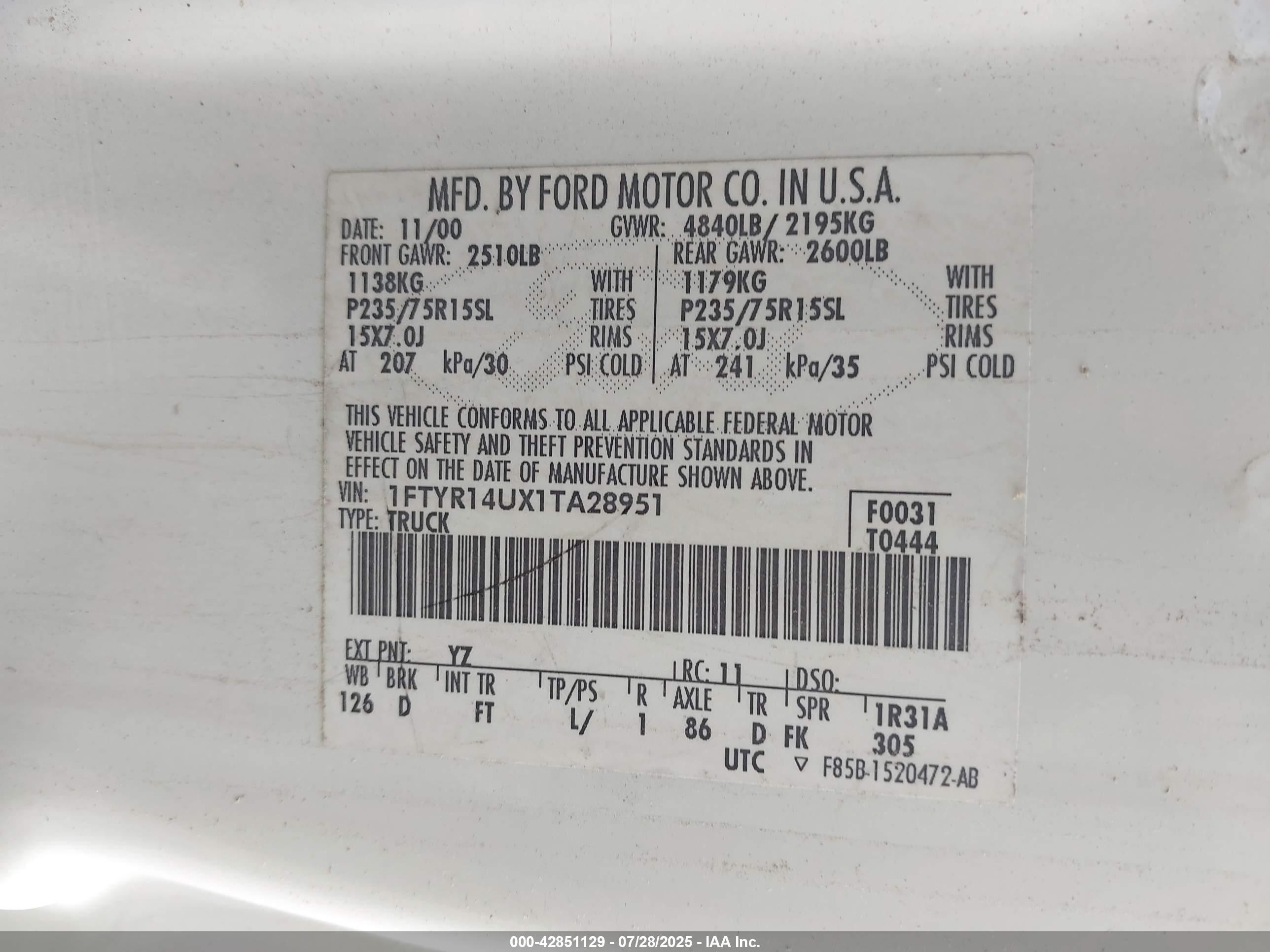 2001 Ford Ranger Edge/edge Plus/xl/xlt/xlt App/xlt Appearance White vin: 1FTYR14UX1TA28951