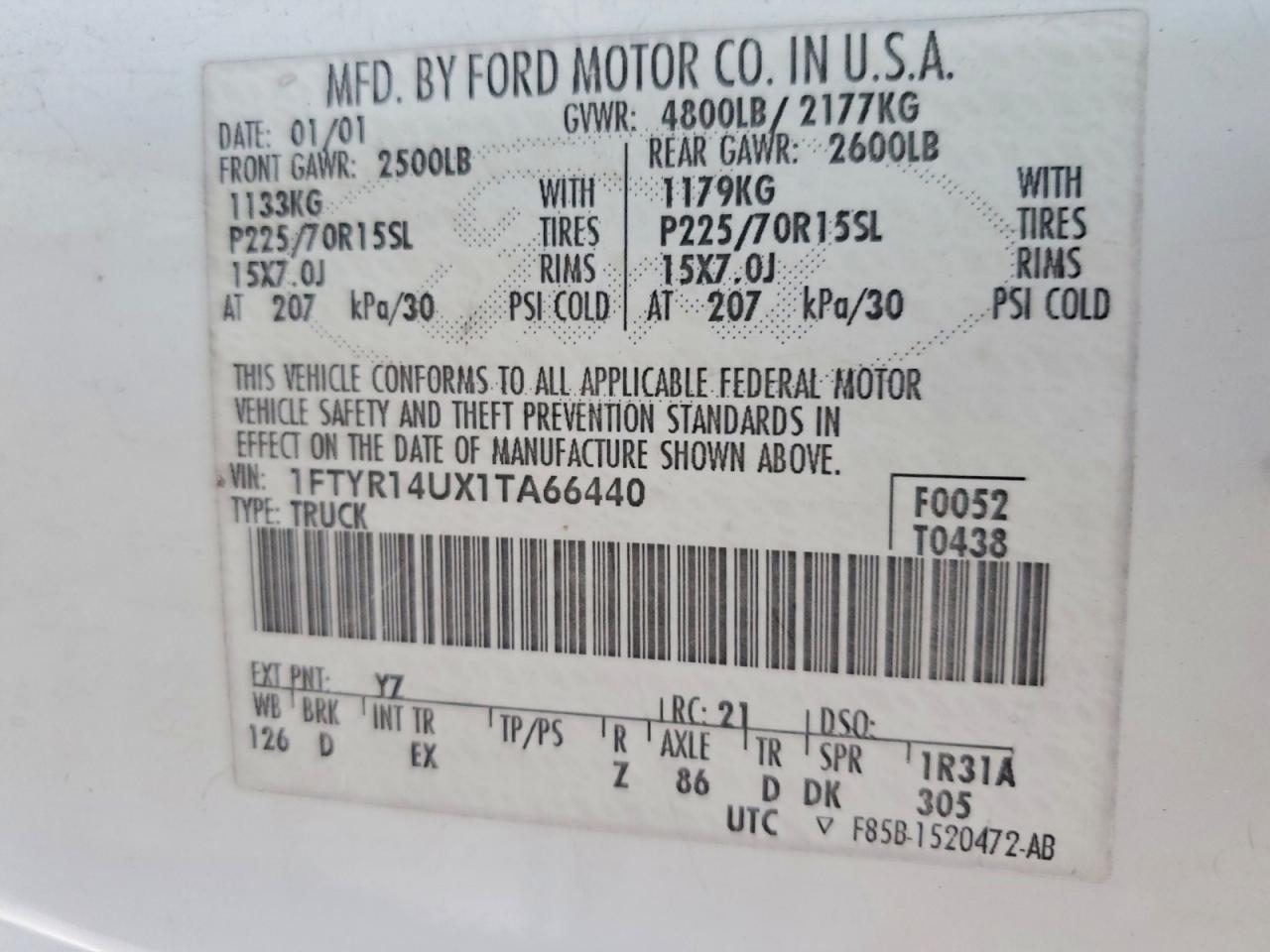 2001 Ford Ranger Super Cab White vin: 1FTYR14UX1TA66440