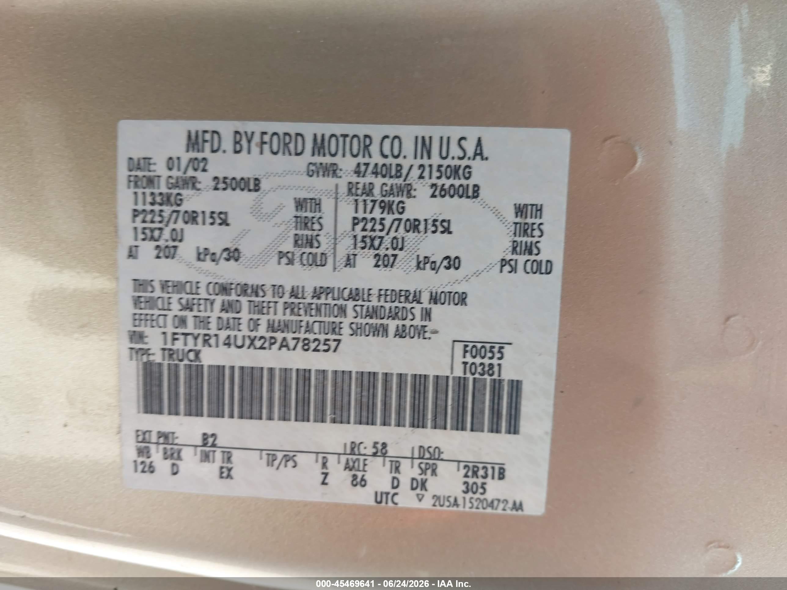 2002 Ford Ranger Edge/tremor/xl/xlt Gold vin: 1FTYR14UX2PA78257