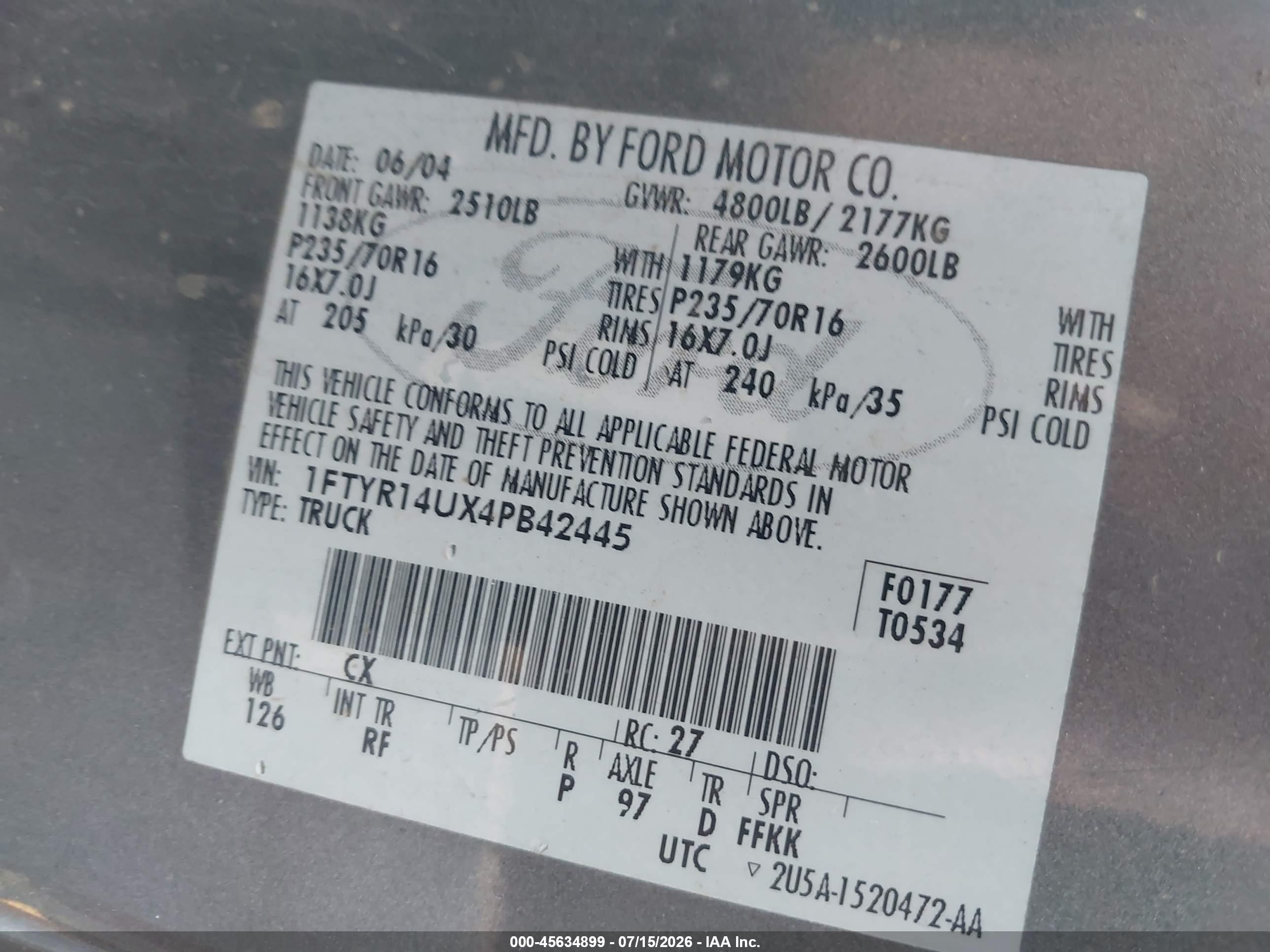2004 Ford Ranger Edge/tremor/xl/xlt Gray vin: 1FTYR14UX4PB42445