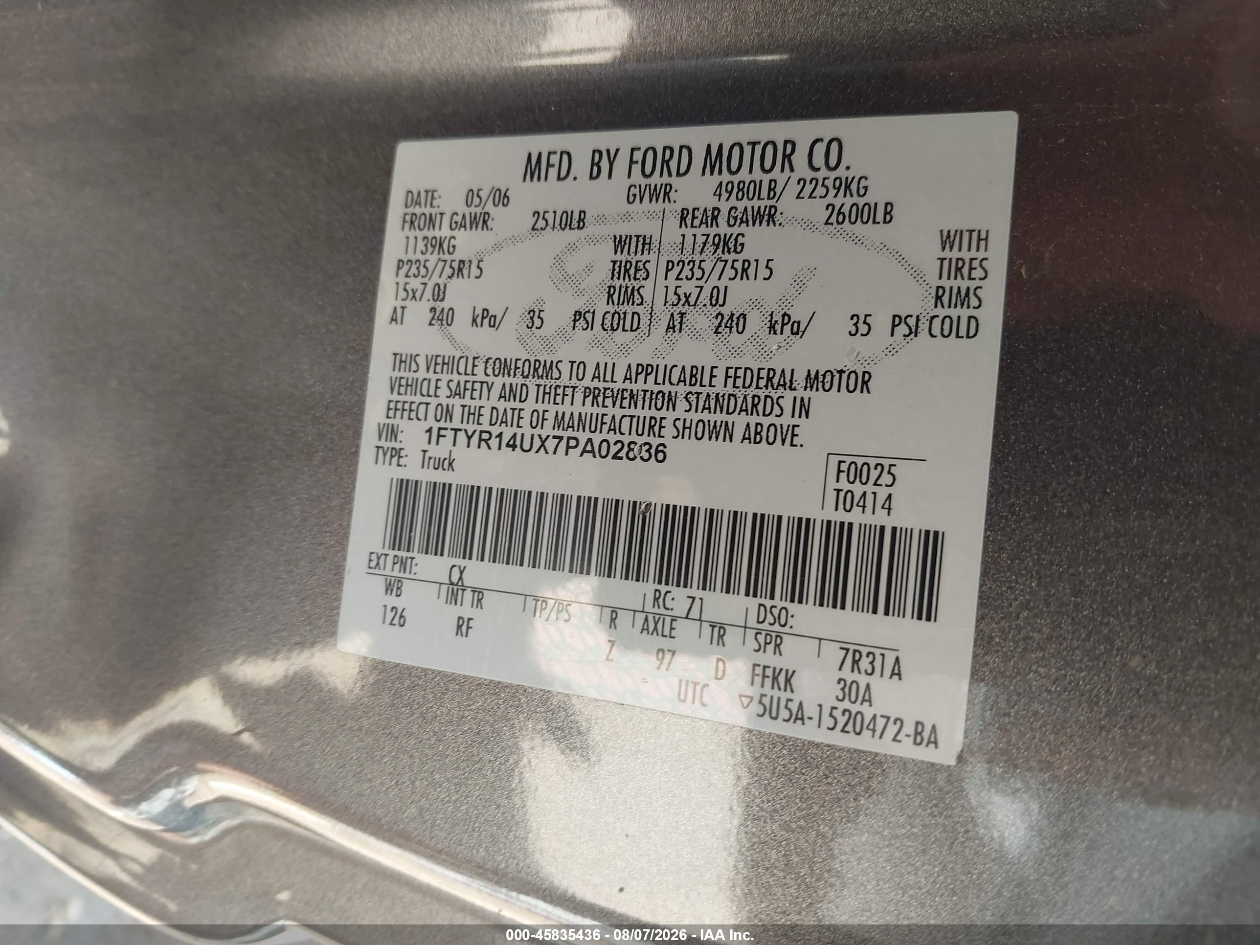 2007 Ford Ranger Sport/stx/xl/xlt Gray vin: 1FTYR14UX7PA02836