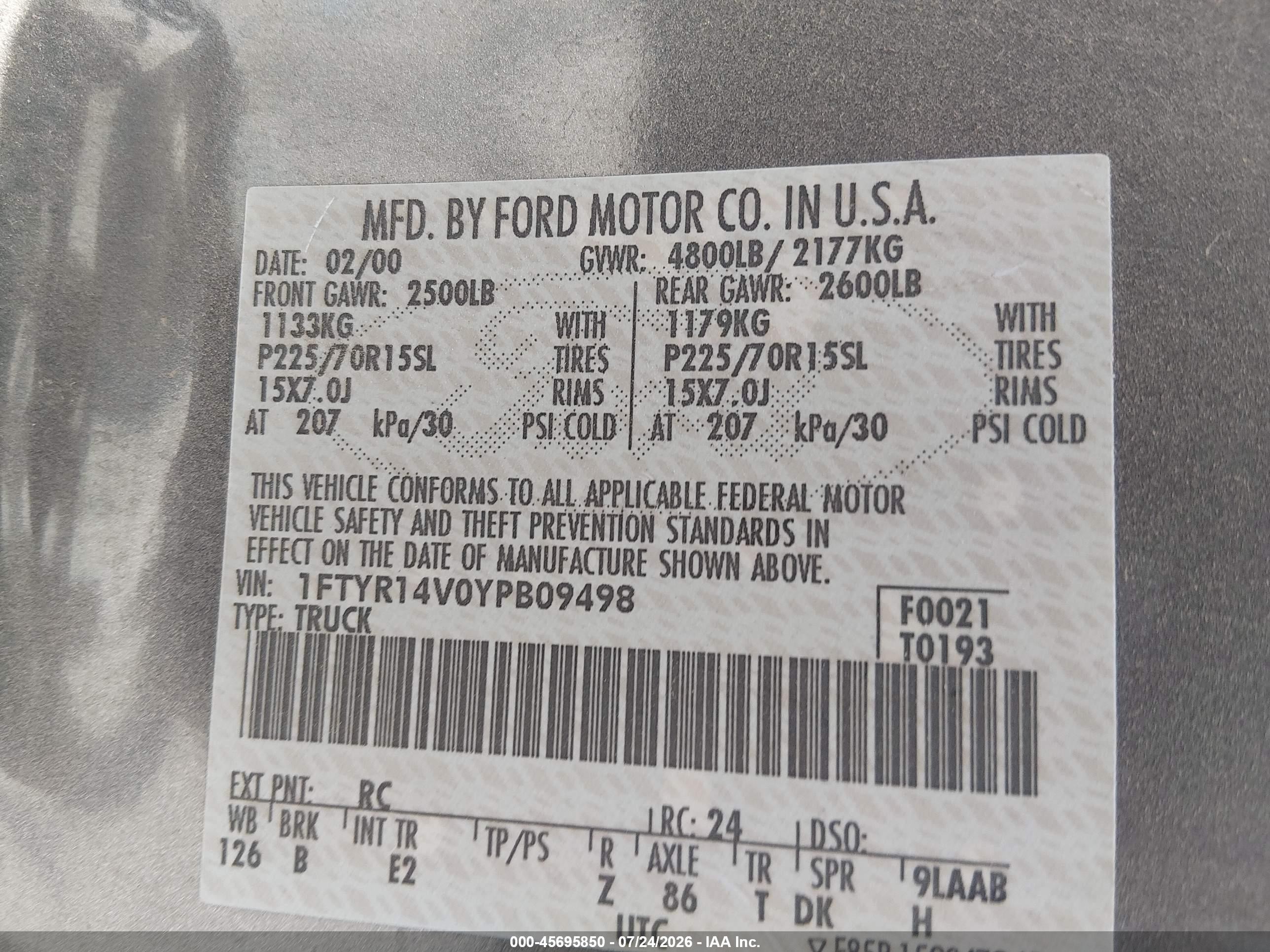 2000 Ford Ranger Xl/xlt Gray vin: 1FTYR14V0YPB09498