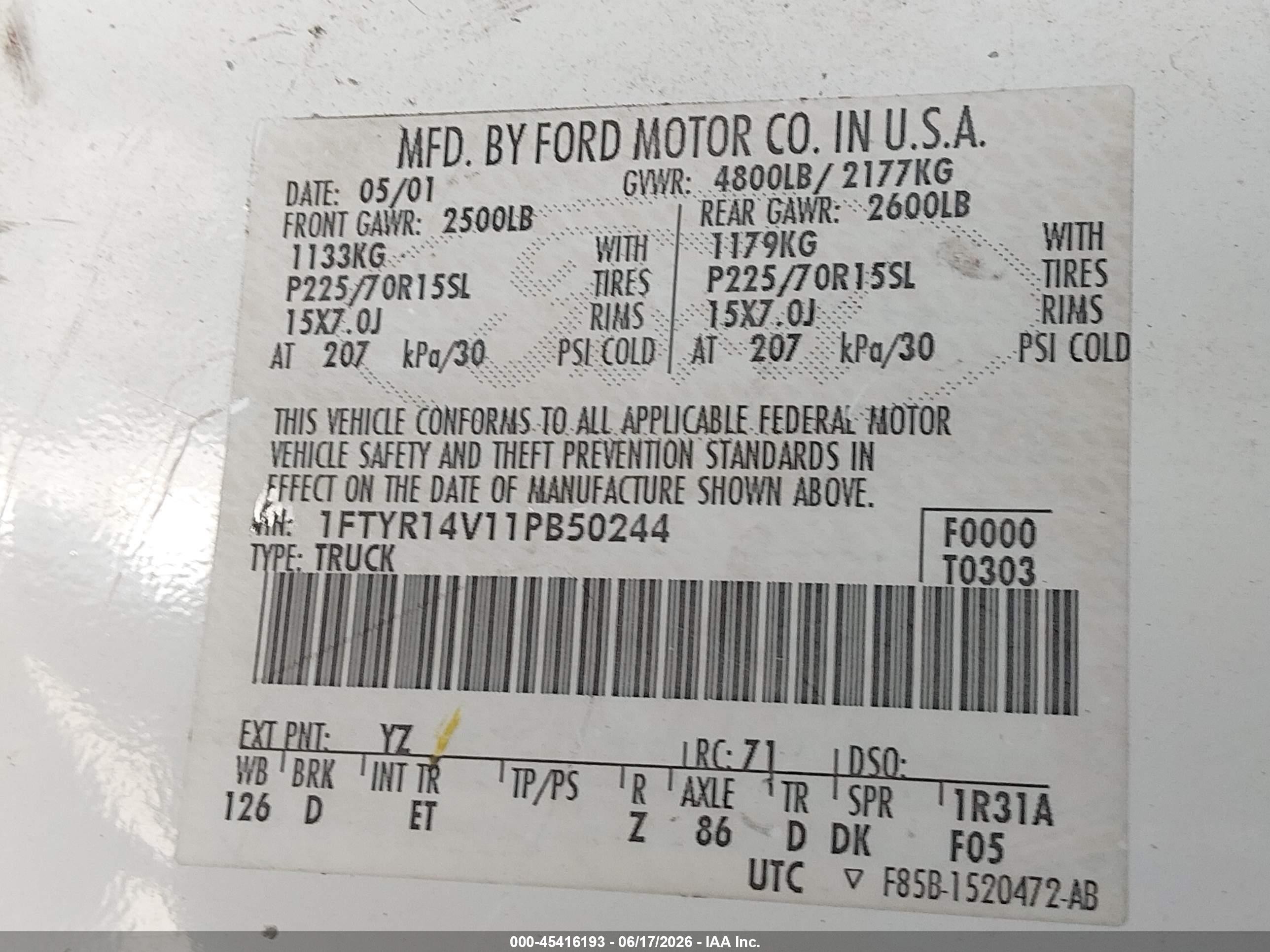 2001 Ford Ranger Edge/xl/xlt White vin: 1FTYR14V11PB50244