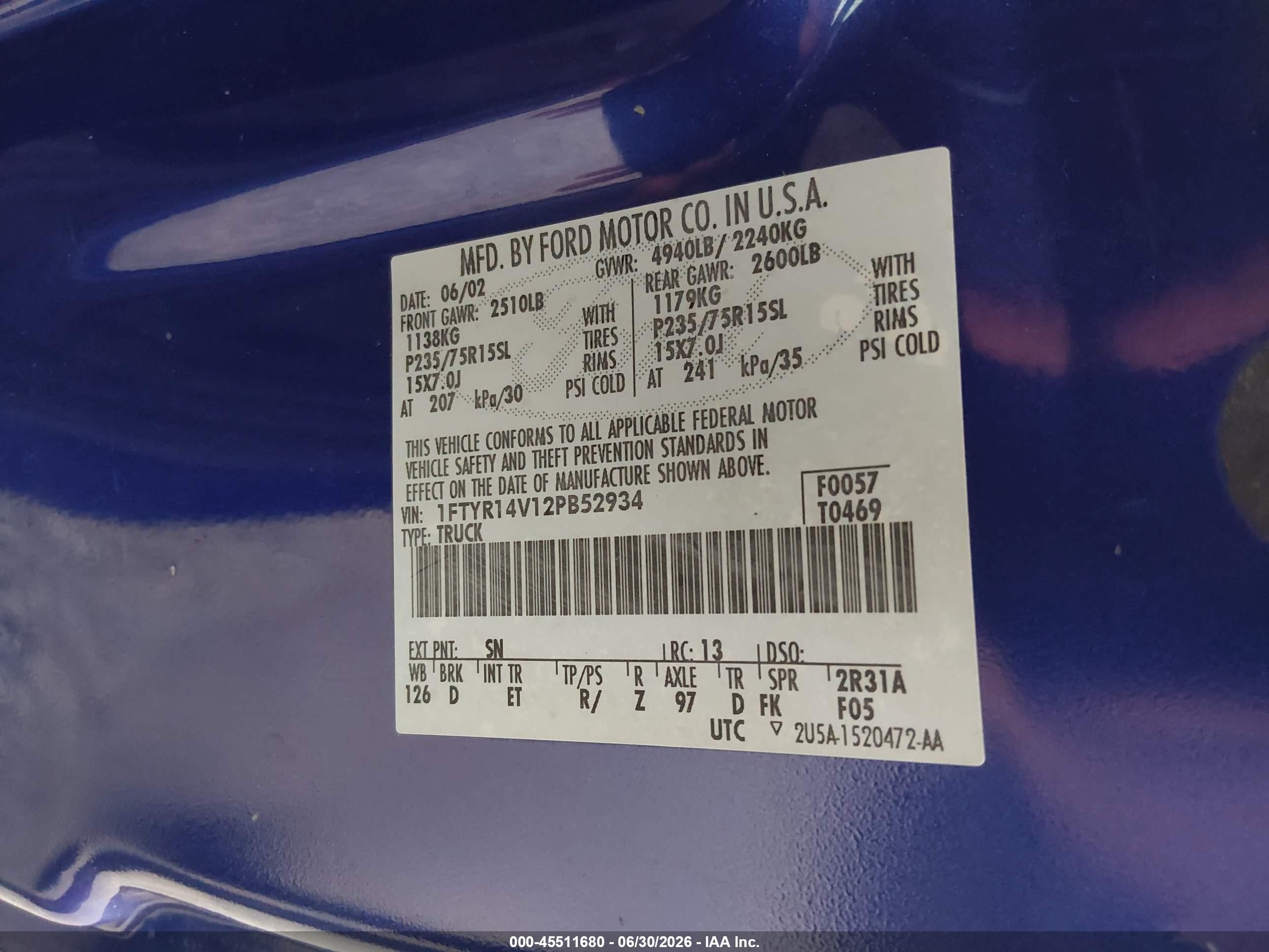 2002 Ford Ranger Edge/tremor/xl/xlt Blue vin: 1FTYR14V12PB52934