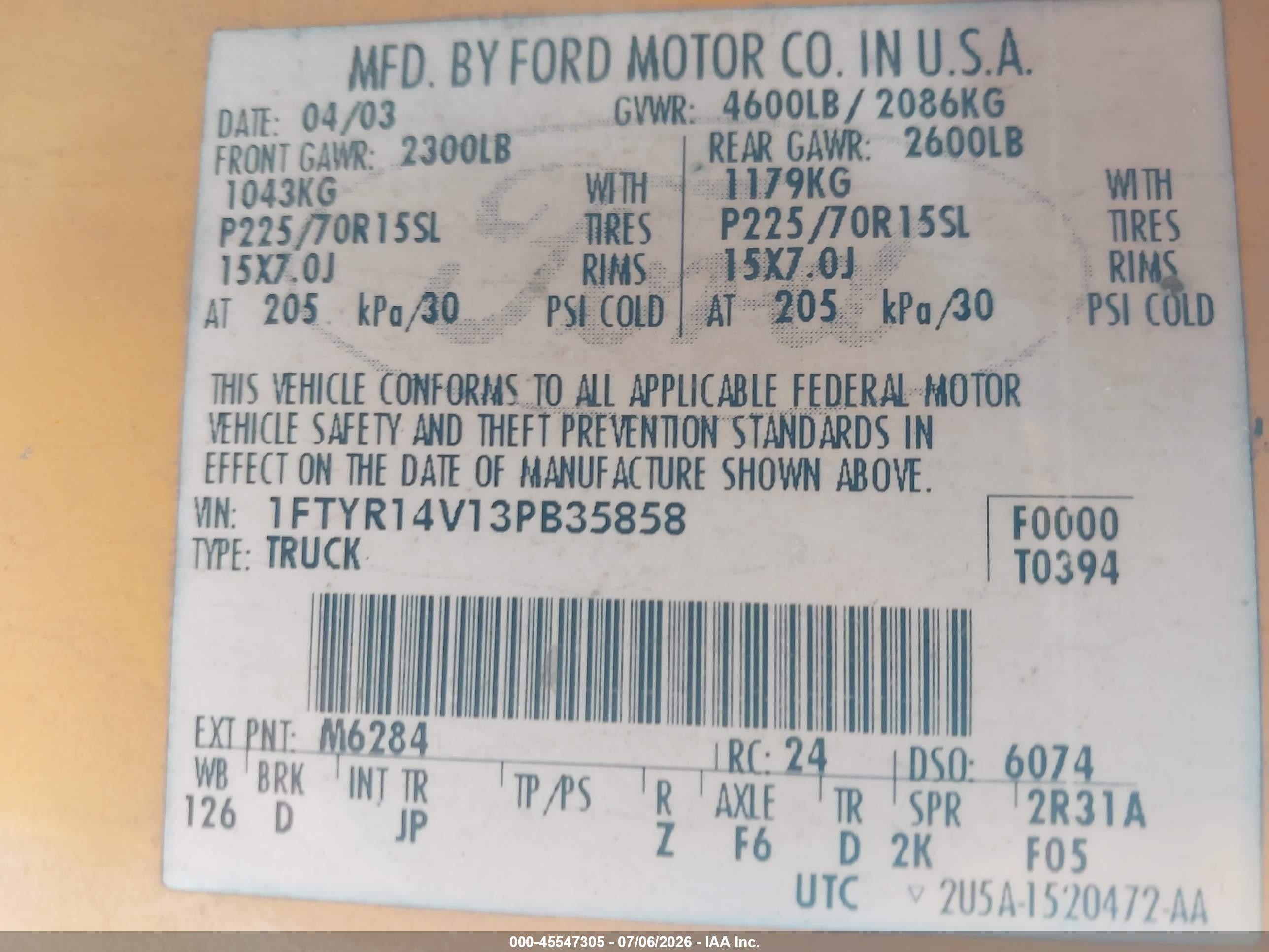 2003 Ford Ranger Edge/tremor/xl/xlt Yellow vin: 1FTYR14V13PB35858