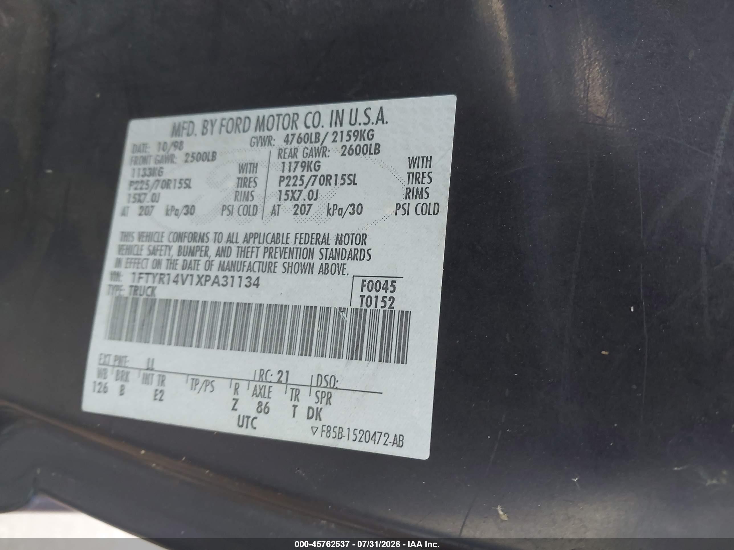 1999 Ford Ranger Xl/xlt Black vin: 1FTYR14V1XPA31134