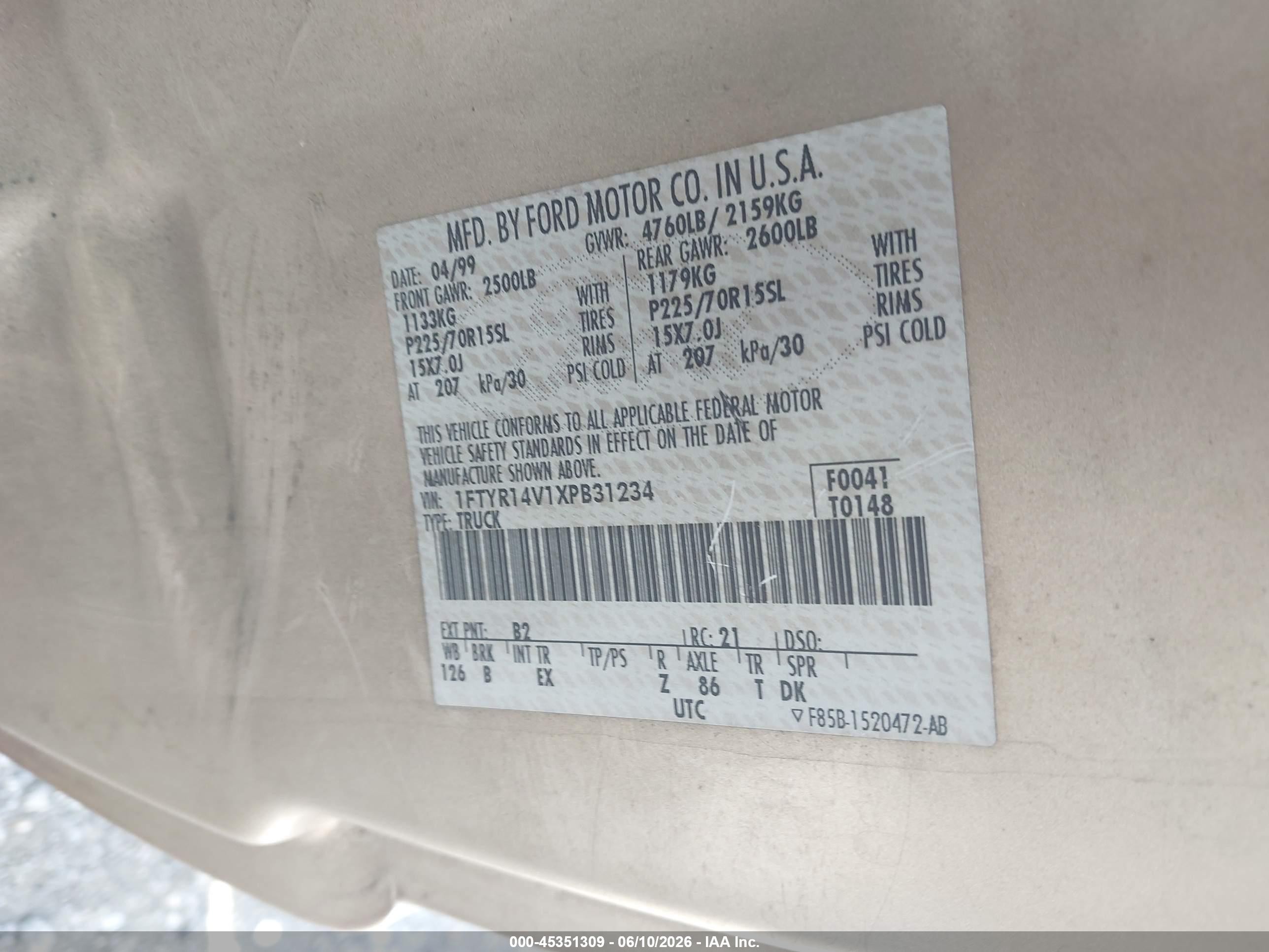 1999 Ford Ranger Xl/xlt Gold vin: 1FTYR14V1XPB31234