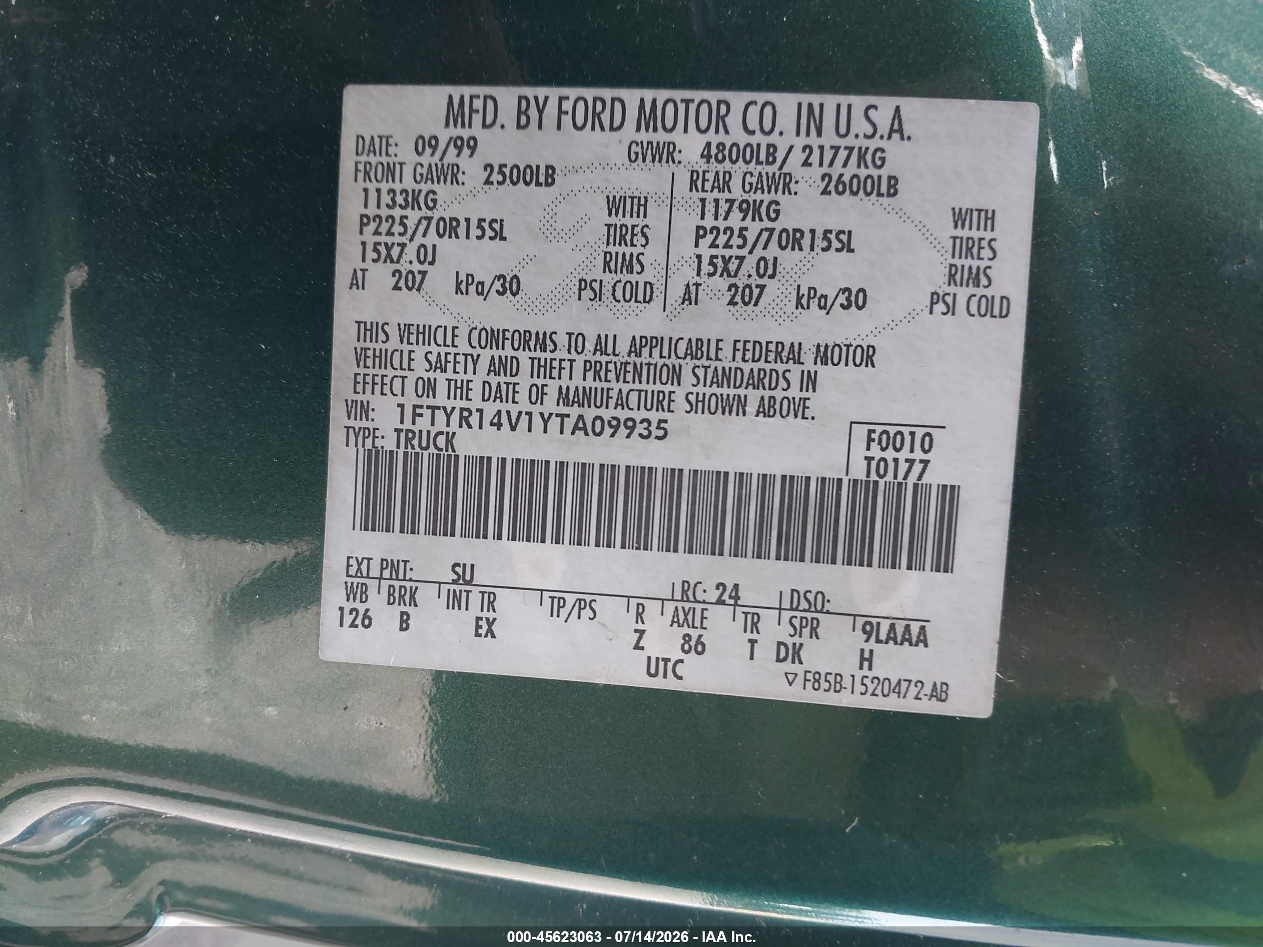 2000 Ford Ranger Xl/xlt Green vin: 1FTYR14V1YTA09935