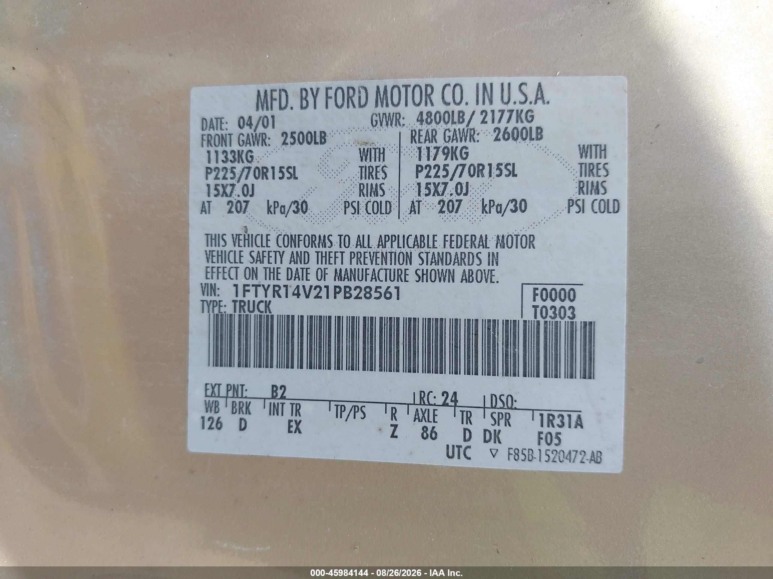 2001 Ford Ranger Edge/xl/xlt Gold vin: 1FTYR14V21PB28561