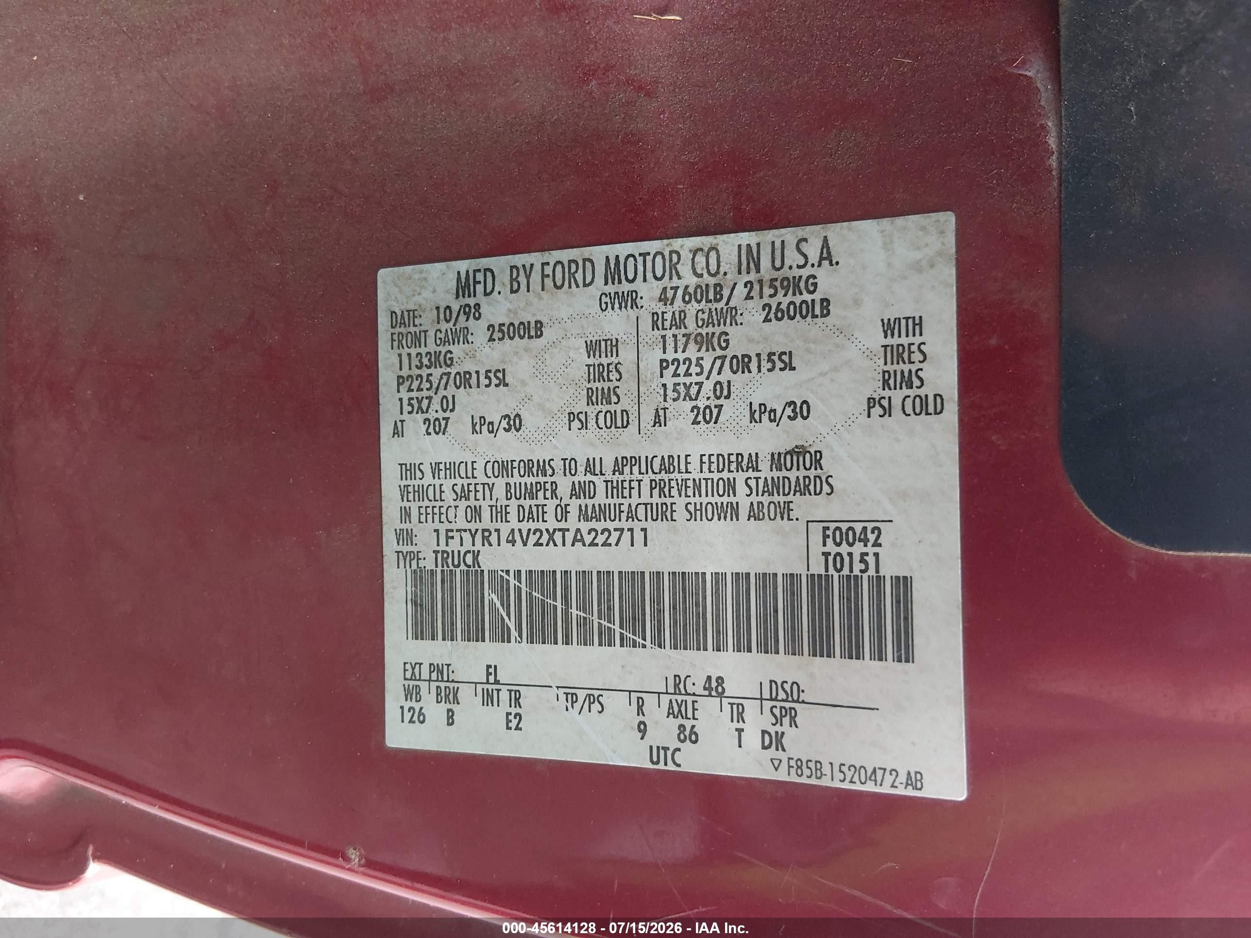 1999 Ford Ranger Xl/xlt Red vin: 1FTYR14V2XTA22711