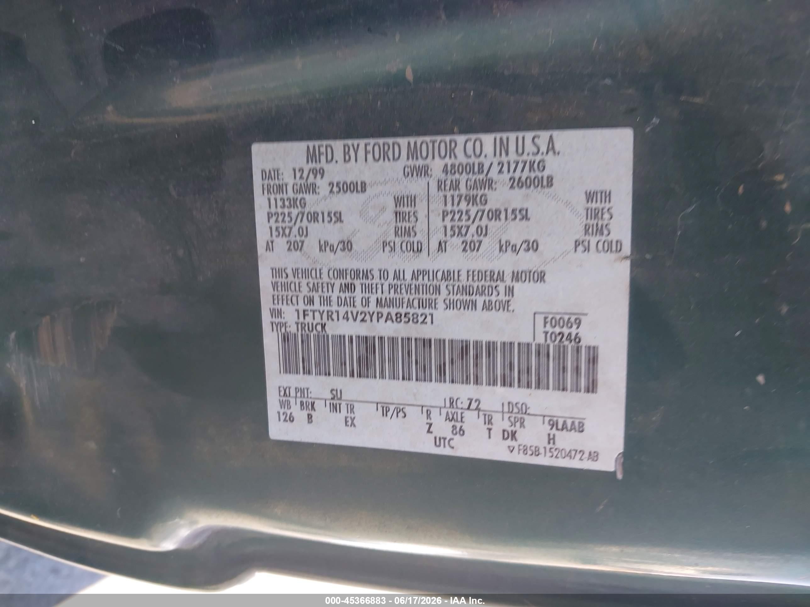 2000 Ford Ranger Xl/xlt Green vin: 1FTYR14V2YPA85821
