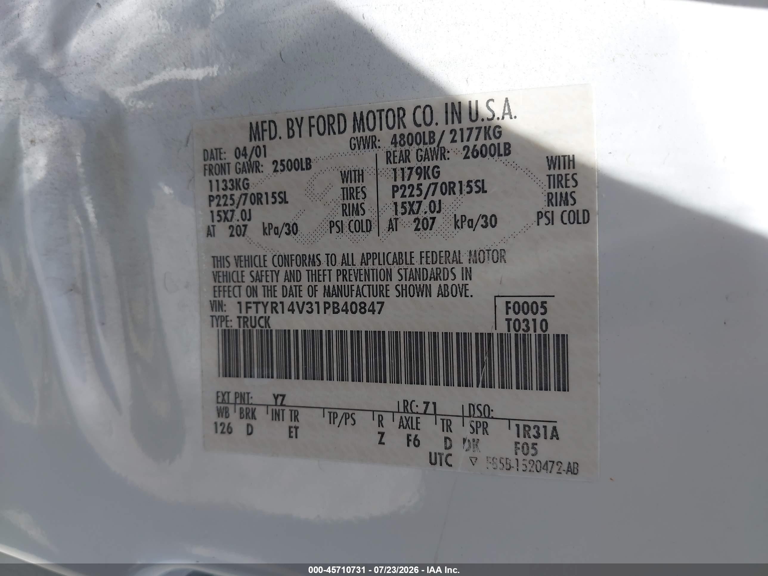 2001 Ford Ranger Edge/xl/xlt White vin: 1FTYR14V31PB40847