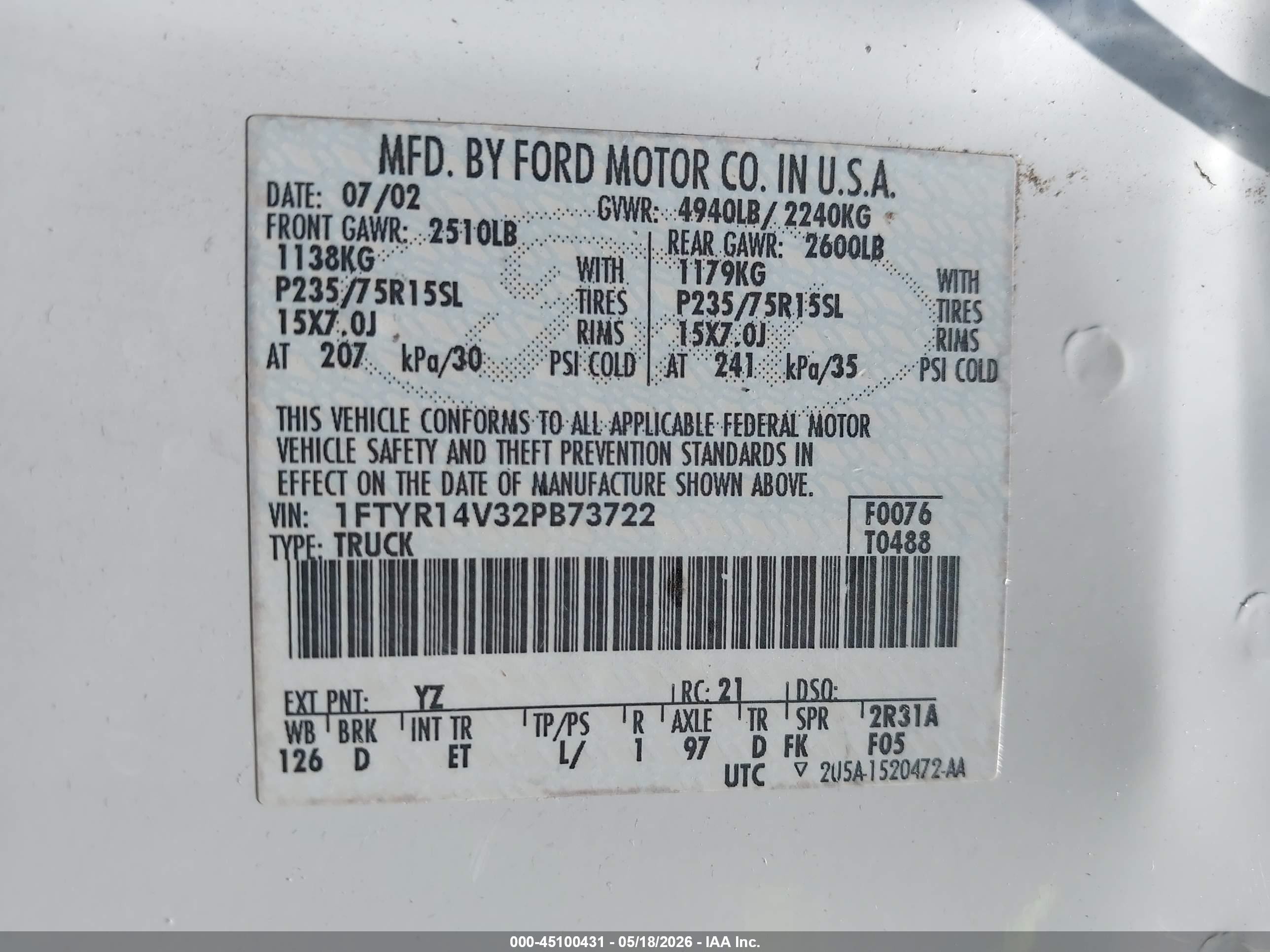 2002 Ford Ranger Edge/tremor/xl/xlt White vin: 1FTYR14V32PB73722