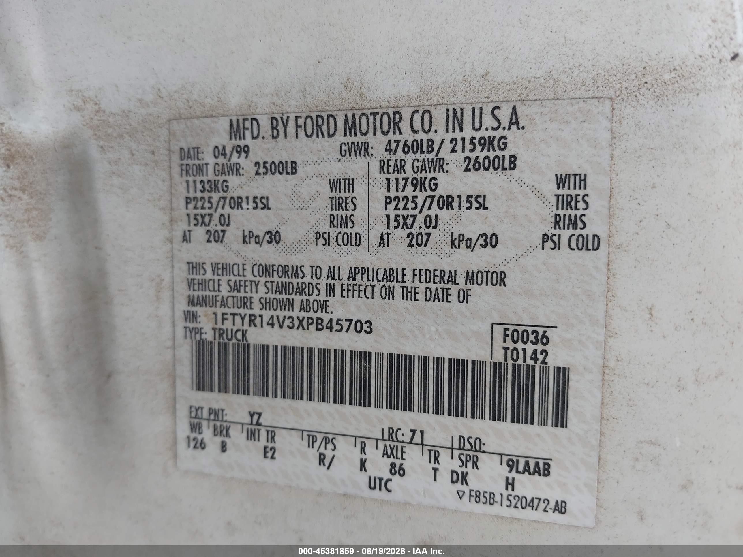 1999 Ford Ranger Xl/xlt White vin: 1FTYR14V3XPB45703