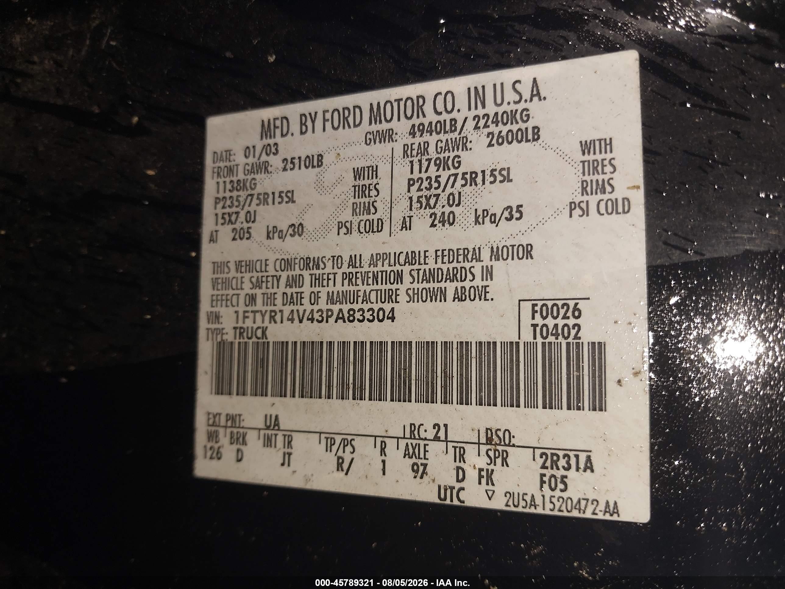 2003 Ford Ranger Edge/tremor/xl/xlt Black vin: 1FTYR14V43PA83304