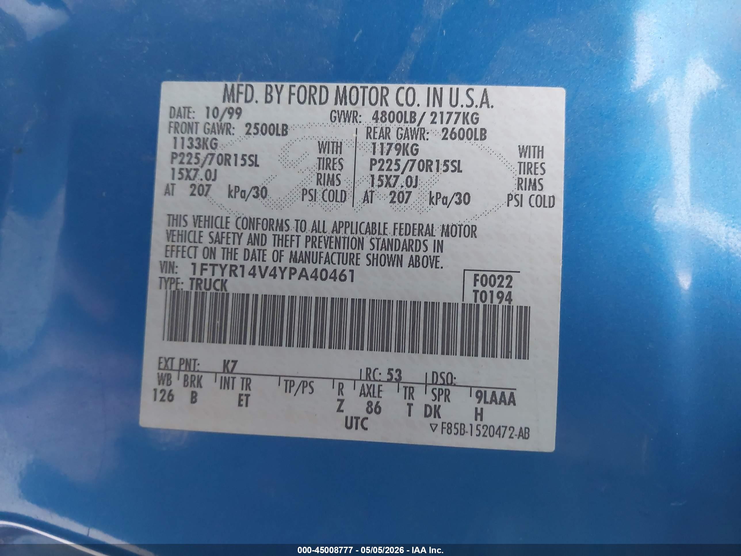2000 Ford Ranger Xl/xlt Blue vin: 1FTYR14V4YPA40461