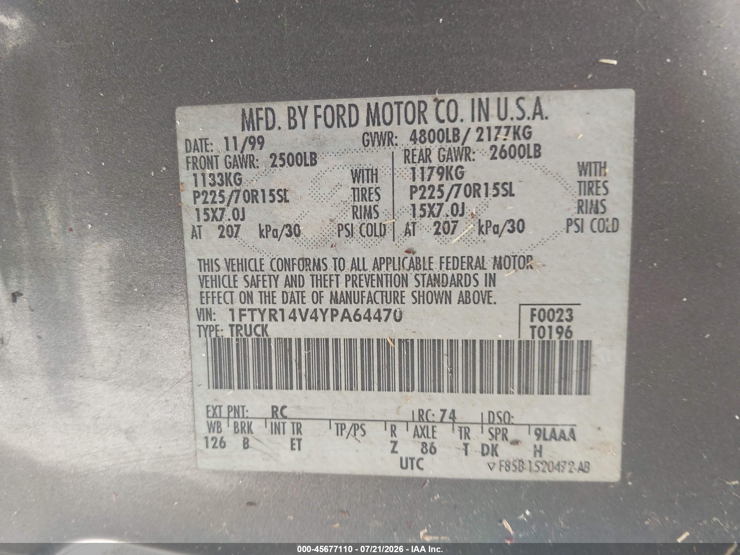 2000 Ford Ranger Xl/xlt Gray vin: 1FTYR14V4YPA64470