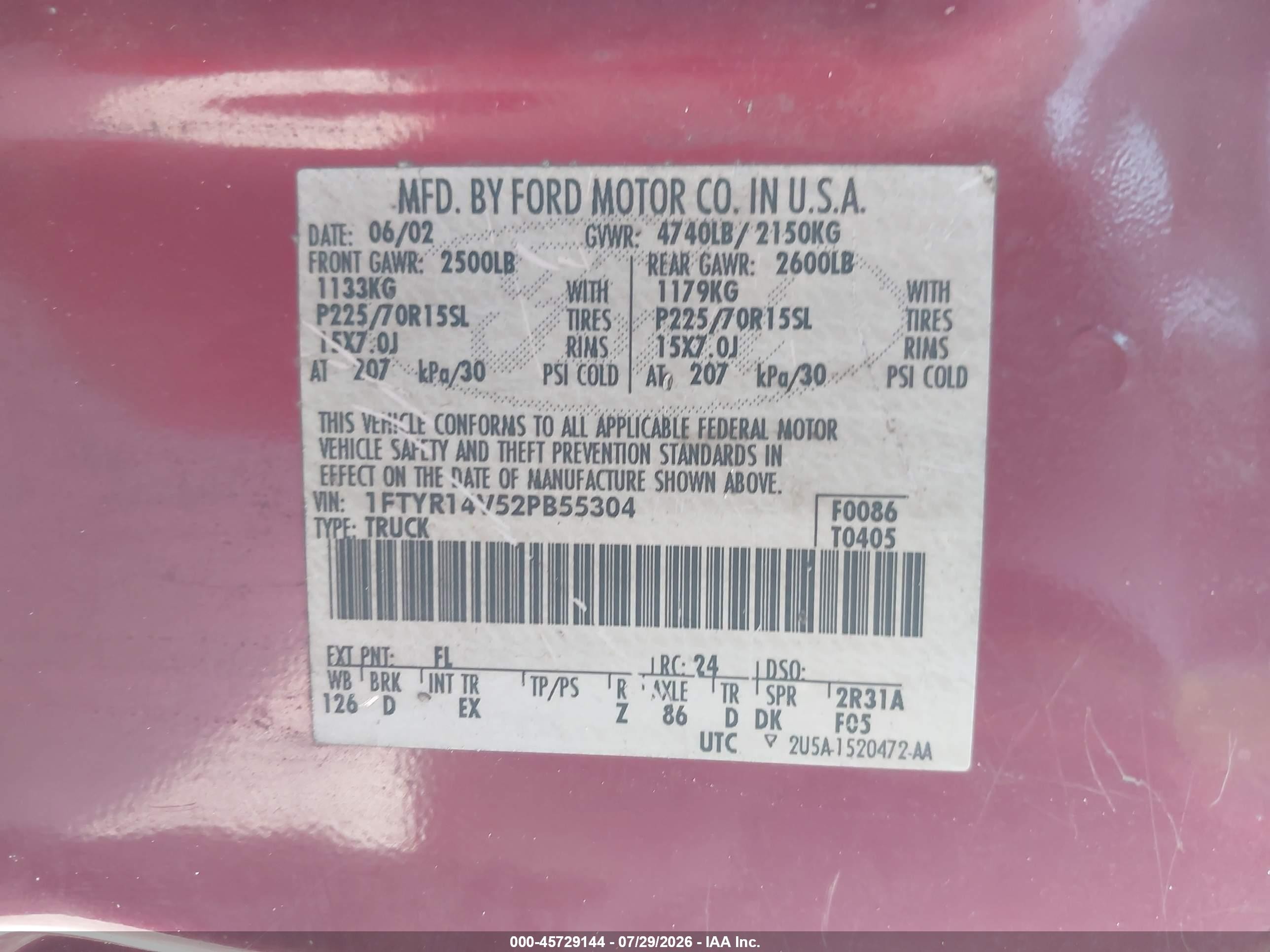 2002 Ford Ranger Edge/tremor/xl/xlt Red vin: 1FTYR14V52PB55304