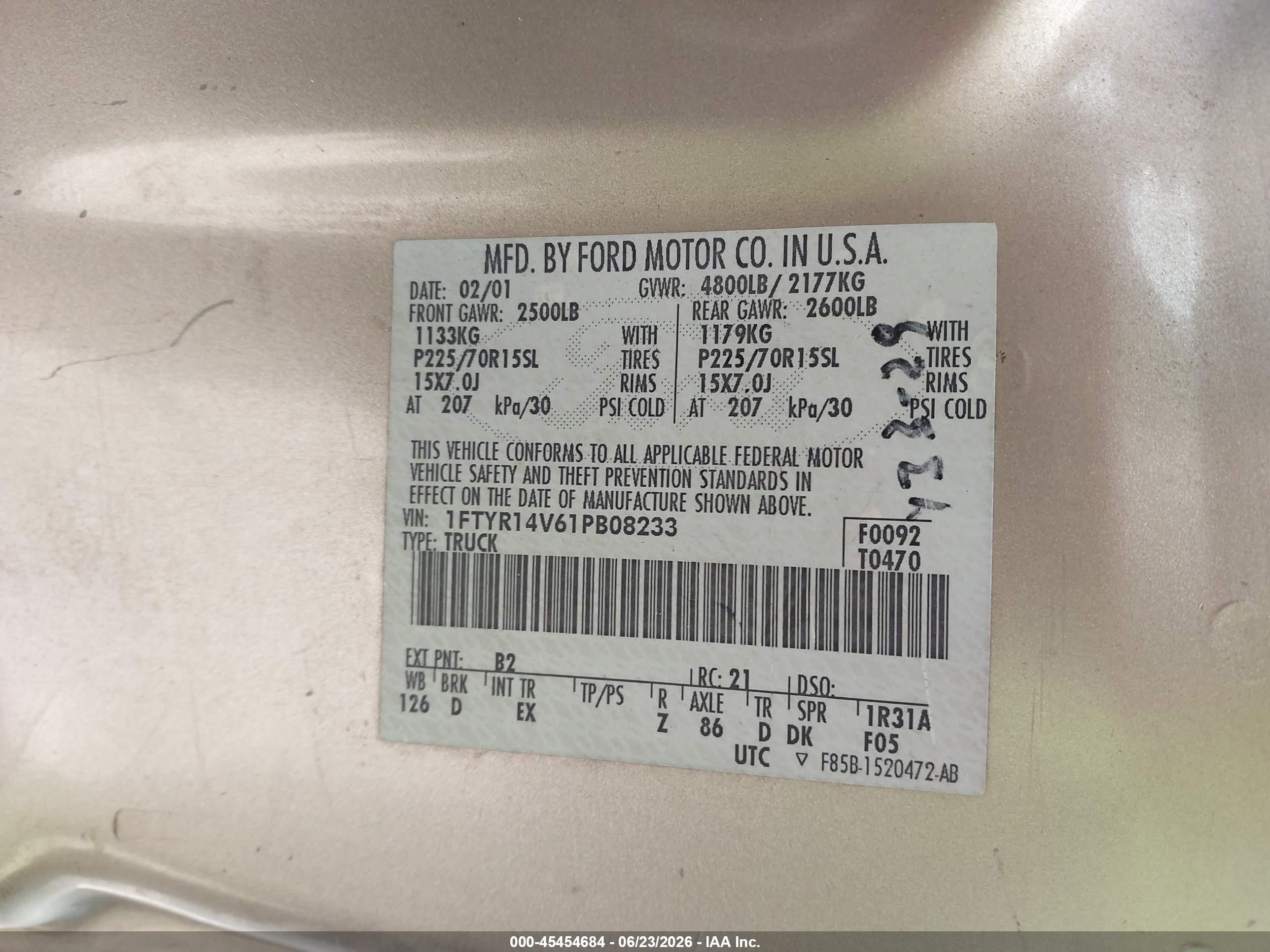 2001 Ford Ranger Edge/xl/xlt Champagne vin: 1FTYR14V61PB08233