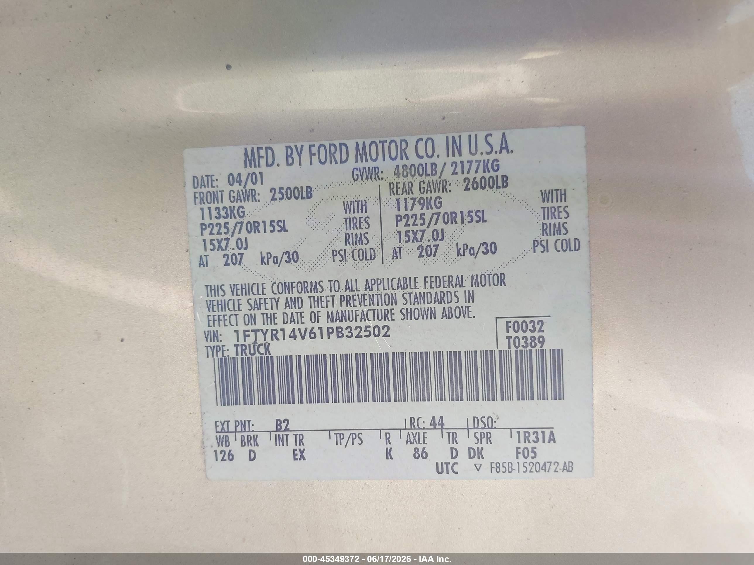 2001 Ford Ranger Edge/xl/xlt Gold vin: 1FTYR14V61PB32502