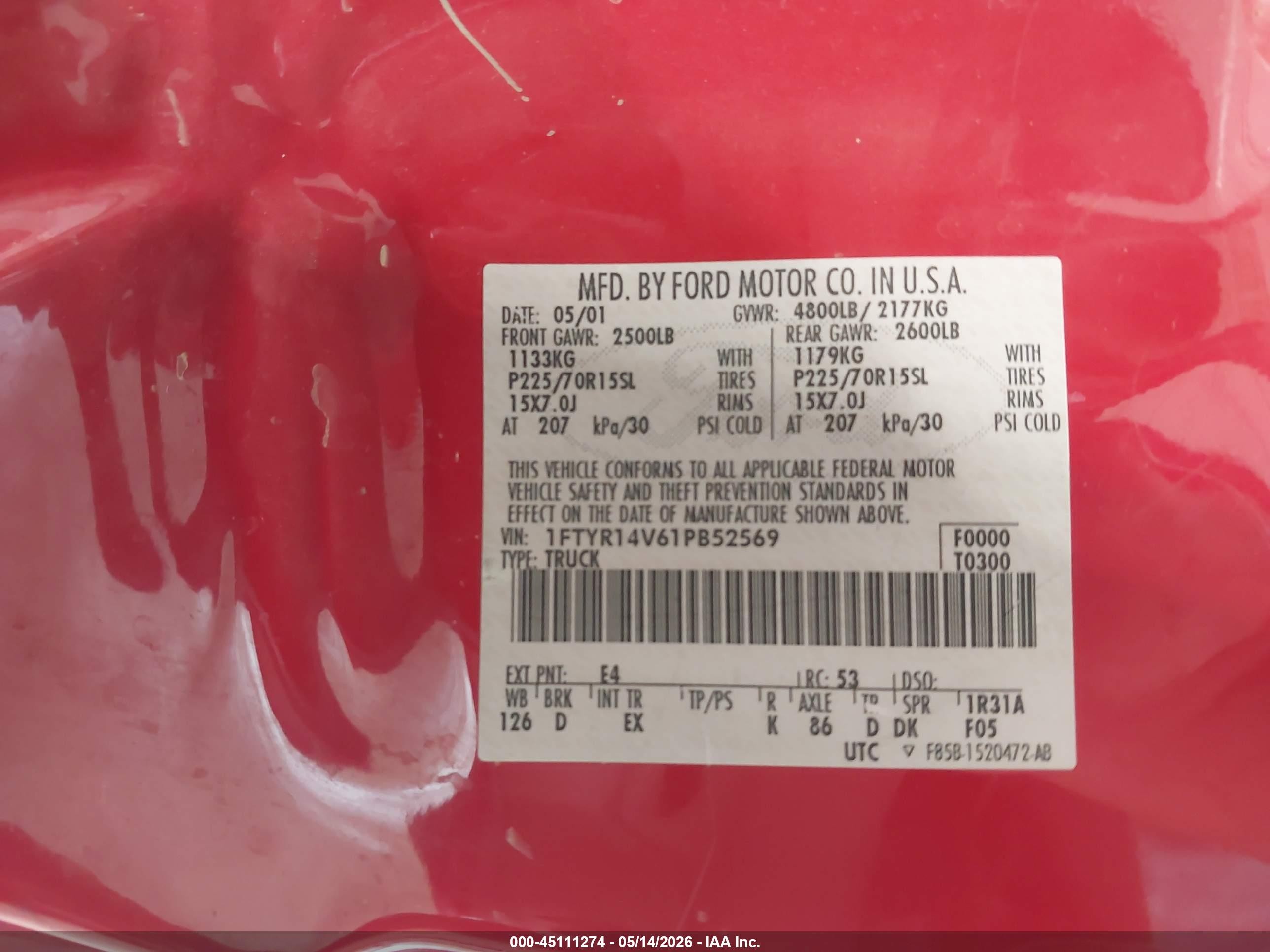 2001 Ford Ranger Edge/xl/xlt Red vin: 1FTYR14V61PB52569
