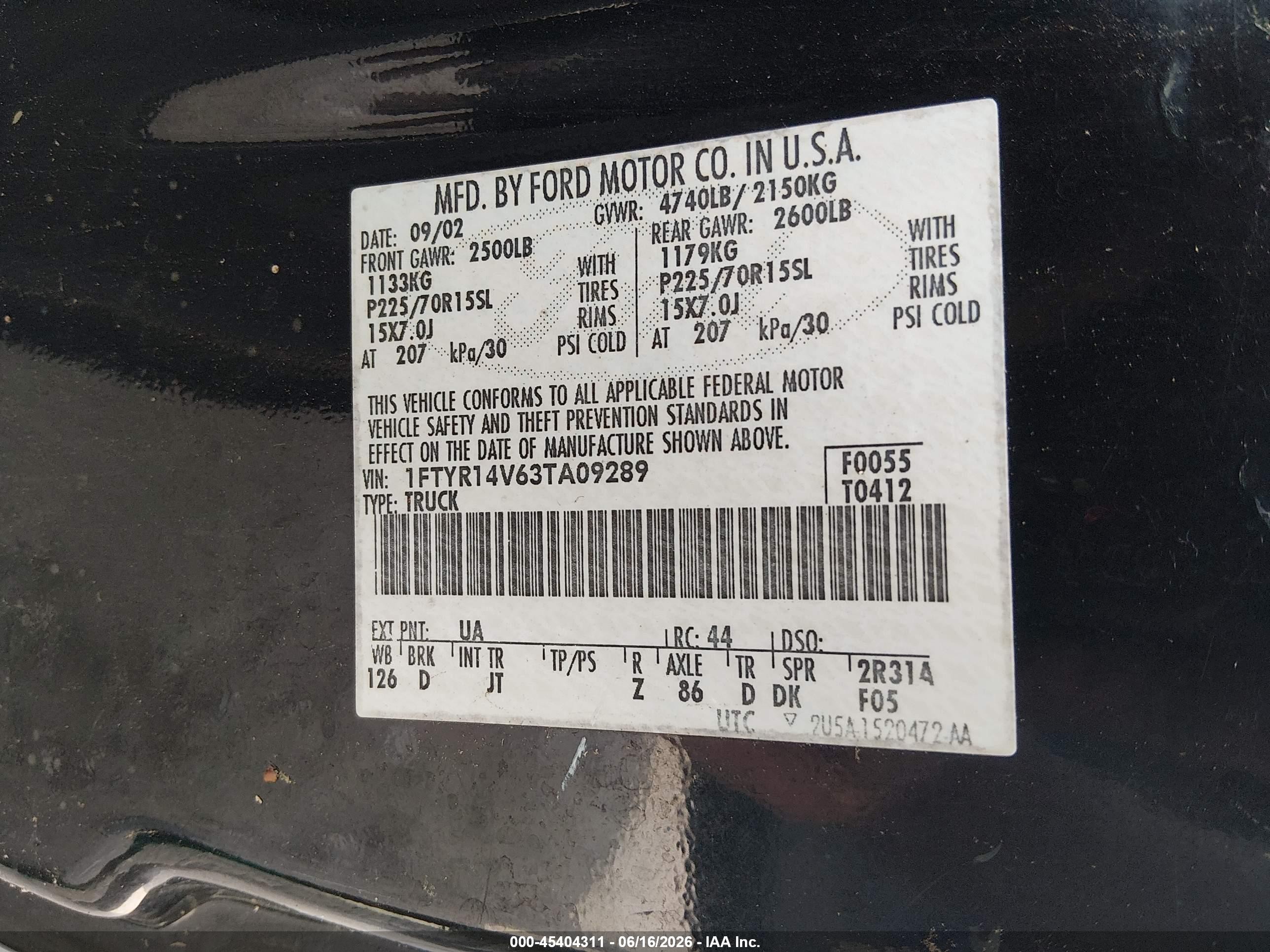 2003 Ford Ranger Edge/tremor/xl/xlt Black vin: 1FTYR14V63TA09289