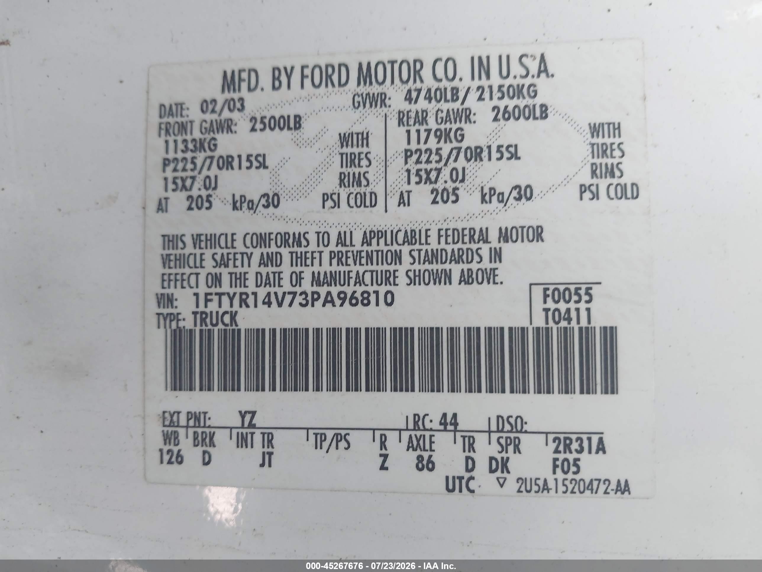 2003 Ford Ranger Edge/tremor/xl/xlt White vin: 1FTYR14V73PA96810
