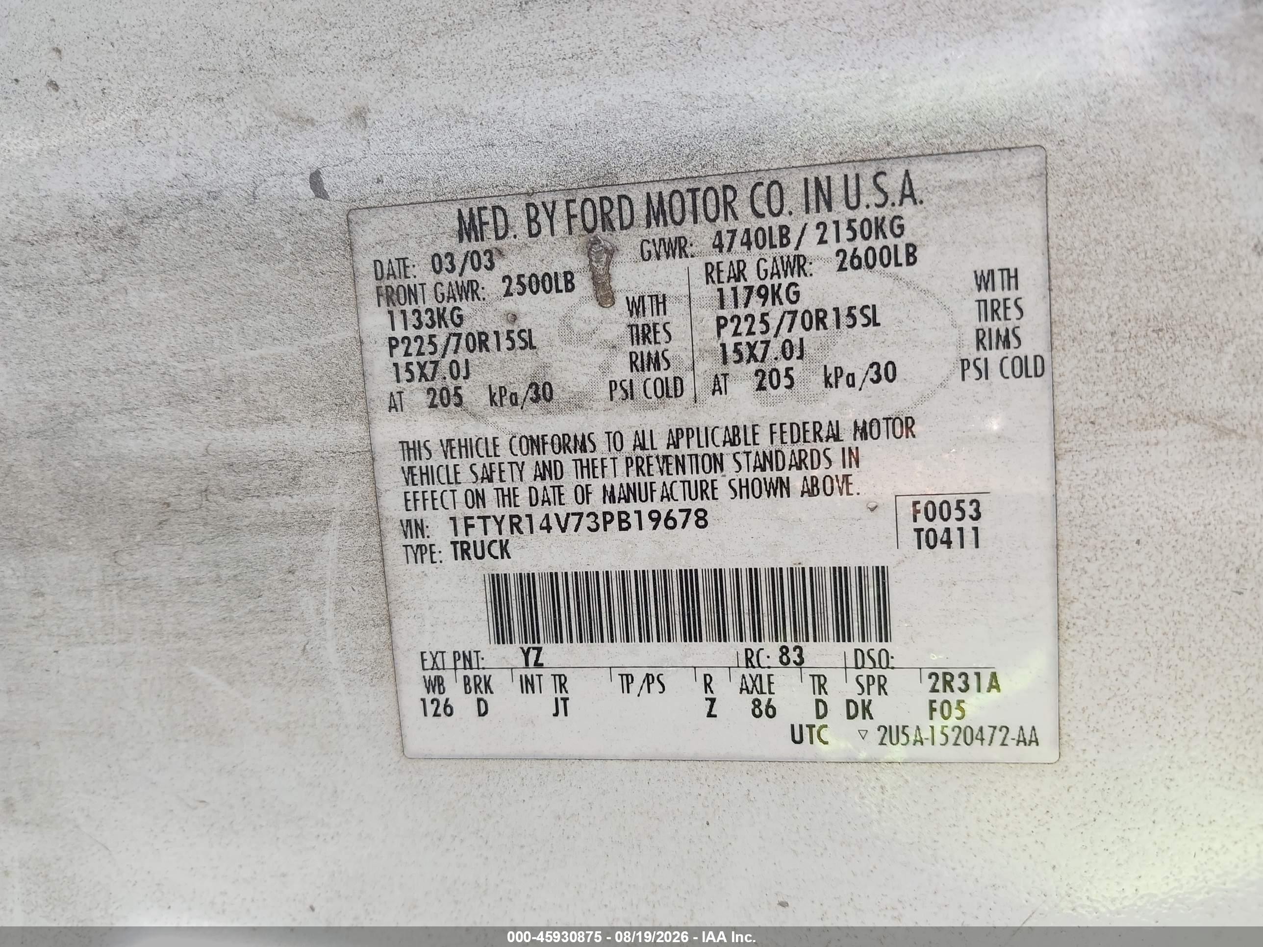 2003 Ford Ranger Edge/tremor/xl/xlt White vin: 1FTYR14V73PB19678