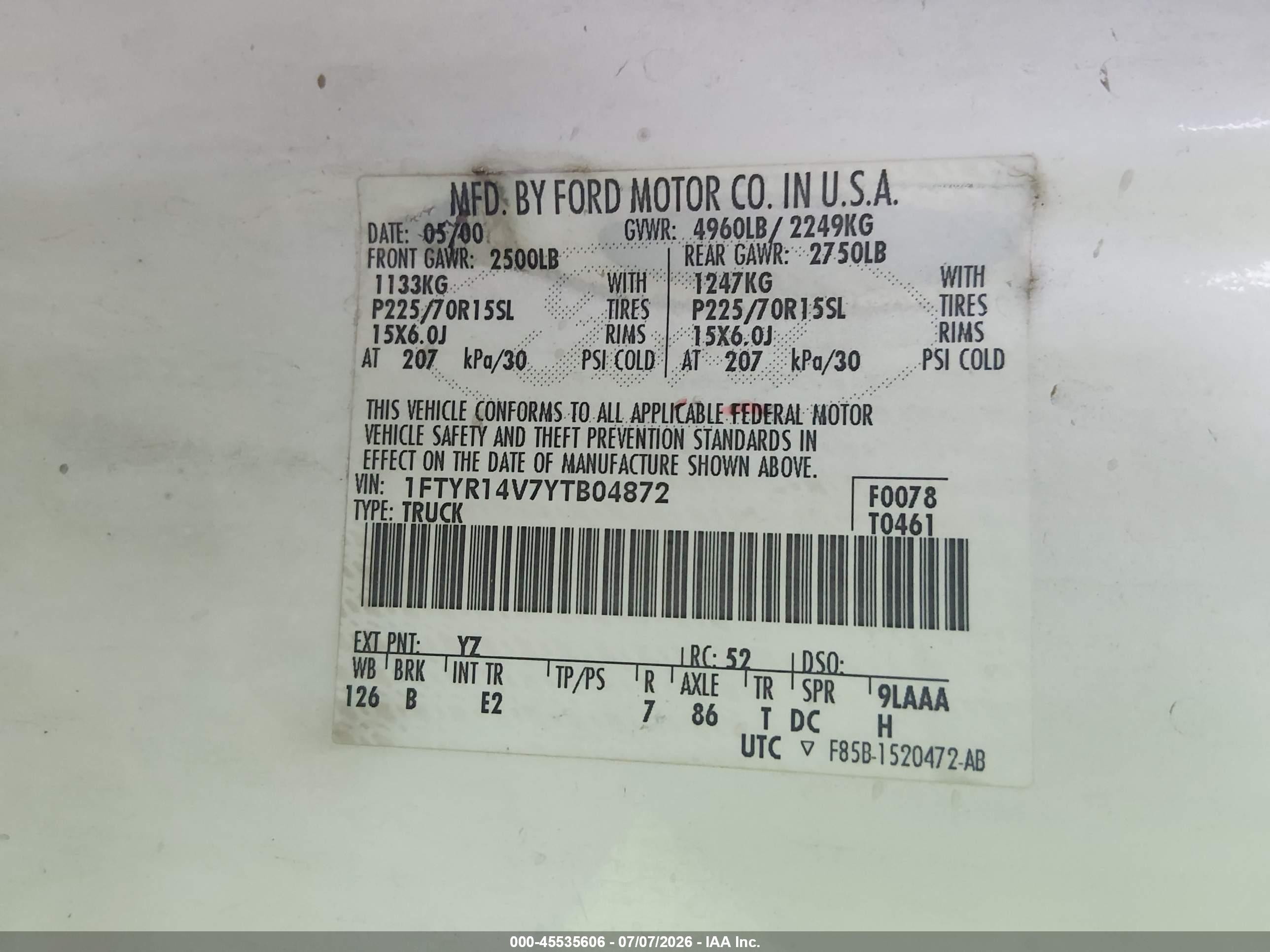 2000 Ford Ranger Xl/xlt White vin: 1FTYR14V7YTB04872
