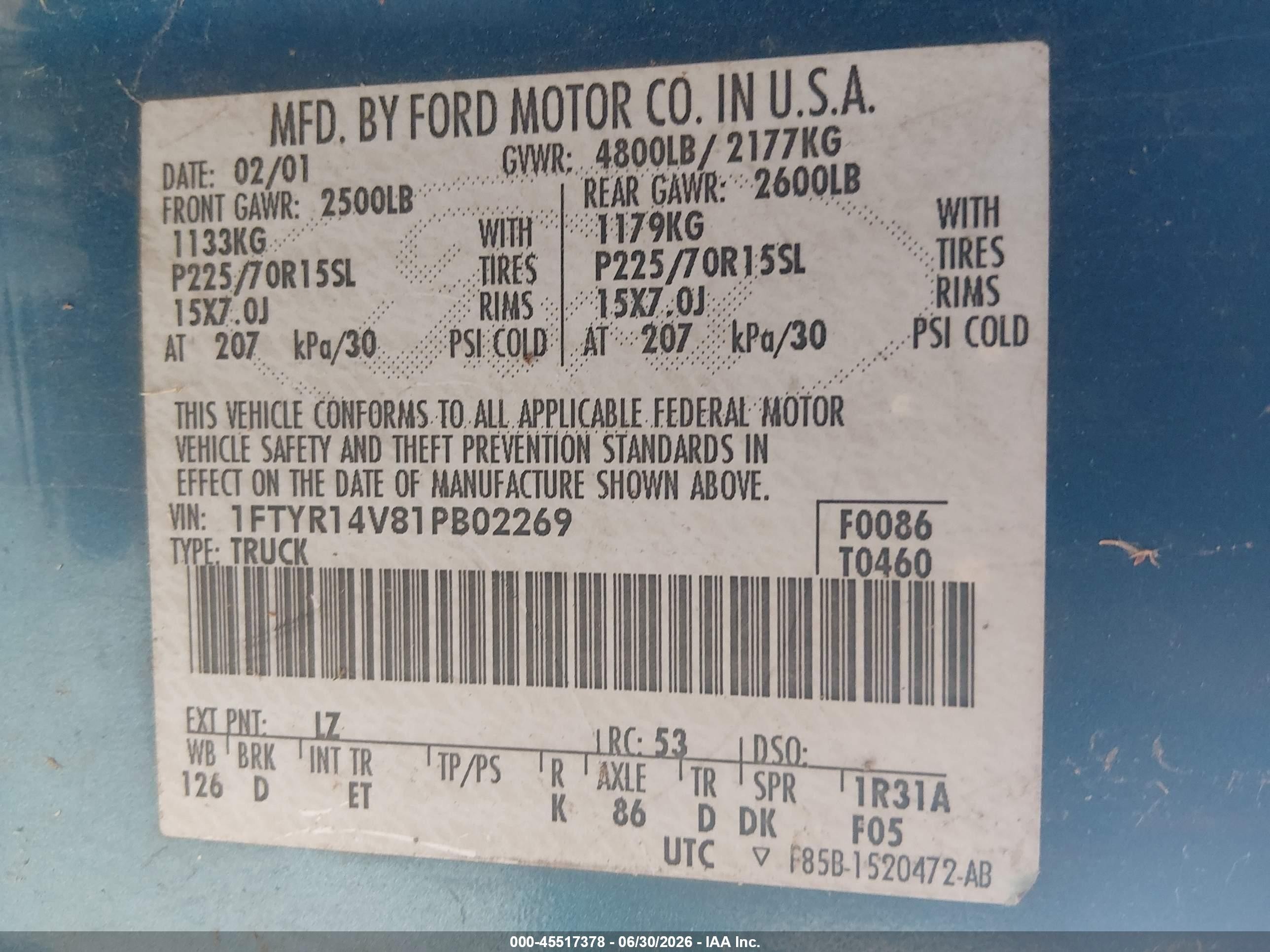 2001 Ford Ranger Edge/xl/xlt Blue vin: 1FTYR14V81PB02269