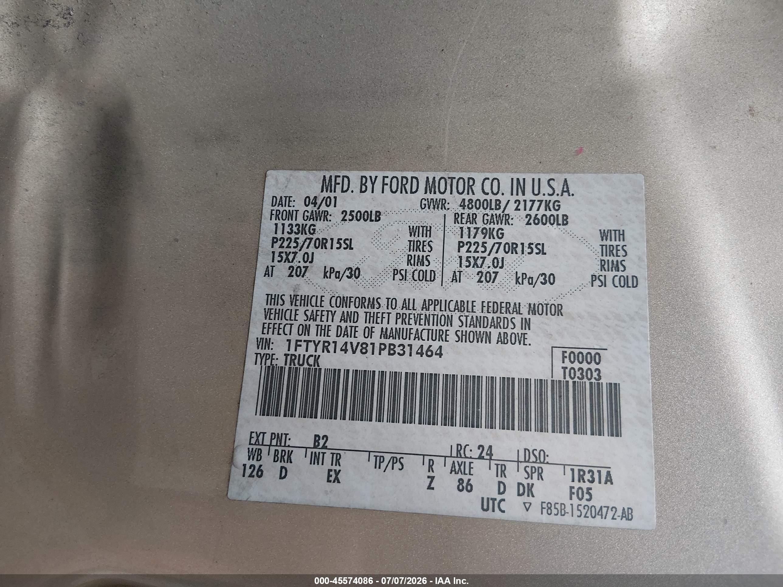2001 Ford Ranger Edge/xl/xlt Gold vin: 1FTYR14V81PB31464