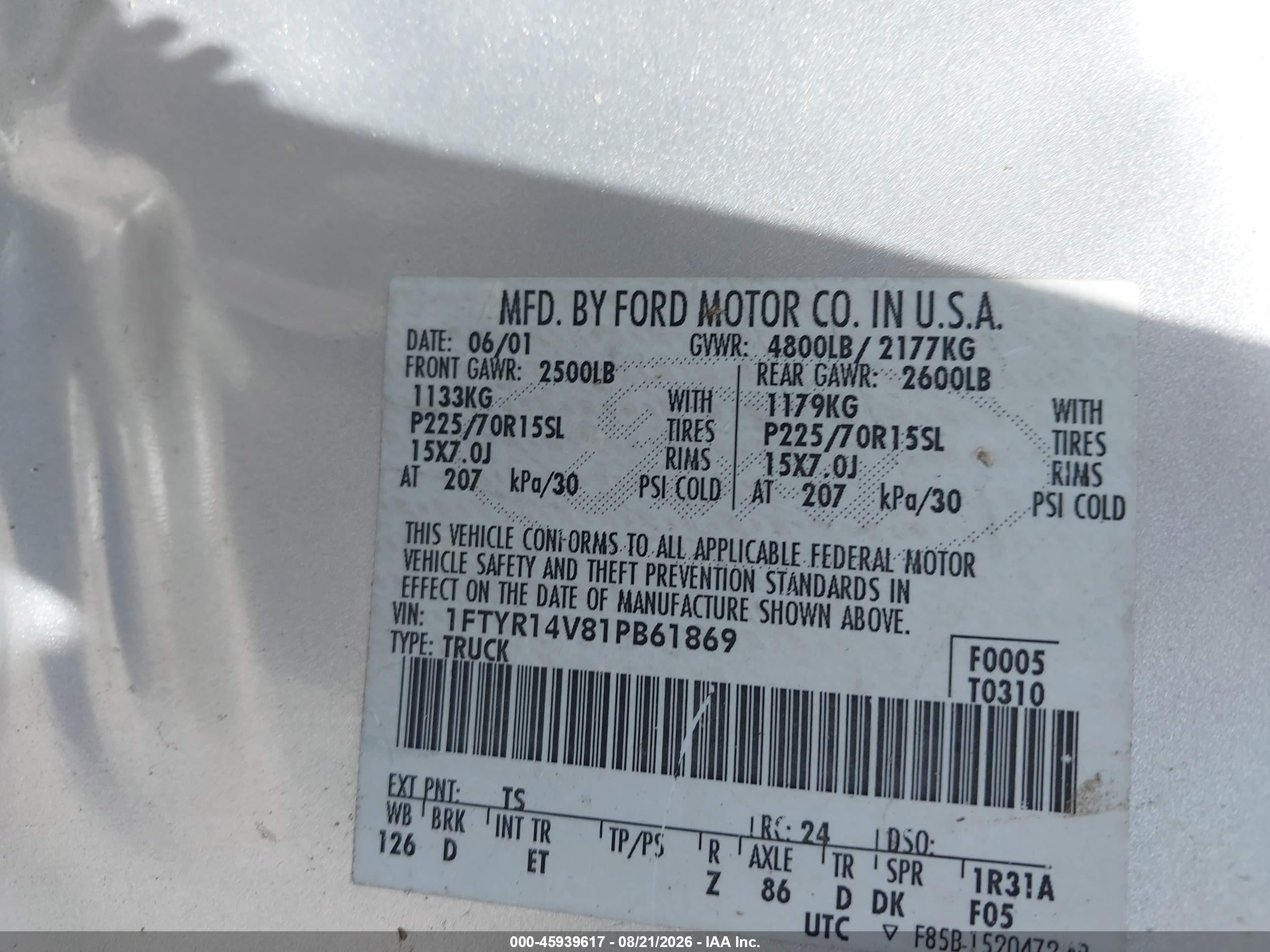 2001 Ford Ranger Edge/xl/xlt Silver vin: 1FTYR14V81PB61869