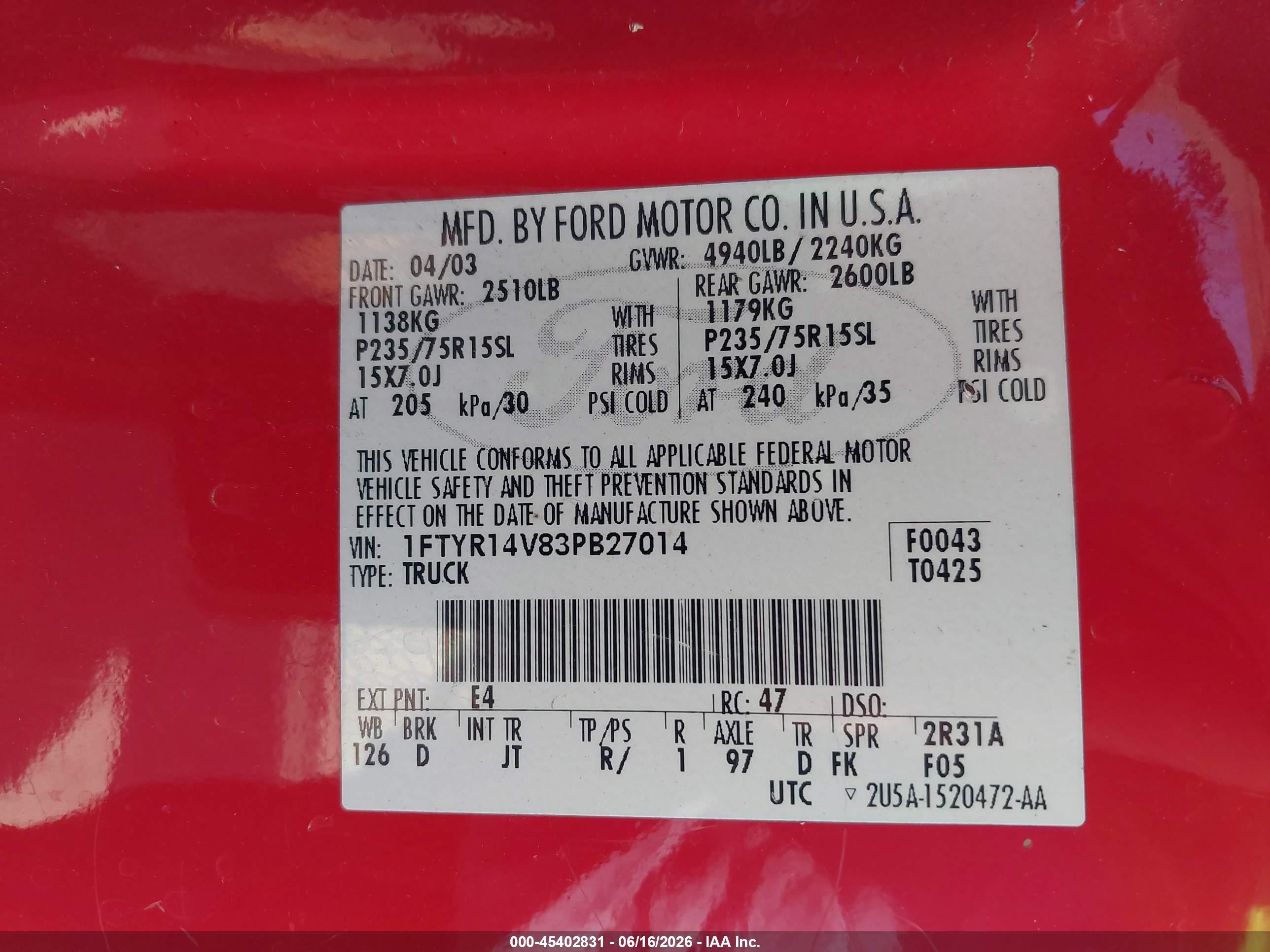 2003 Ford Ranger Edge/tremor/xl/xlt Red vin: 1FTYR14V83PB27014