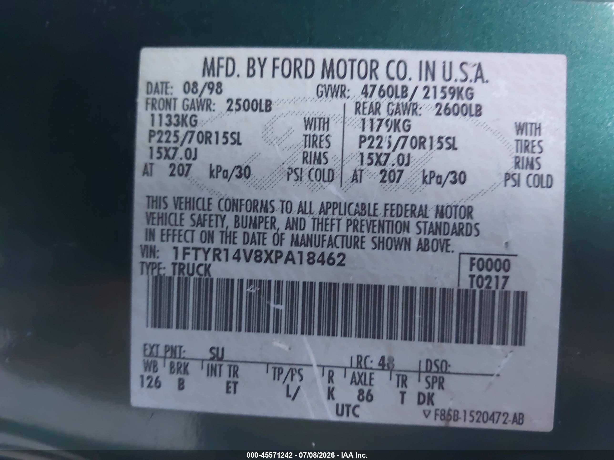 1999 Ford Ranger Xl/xlt Green vin: 1FTYR14V8XPA18462