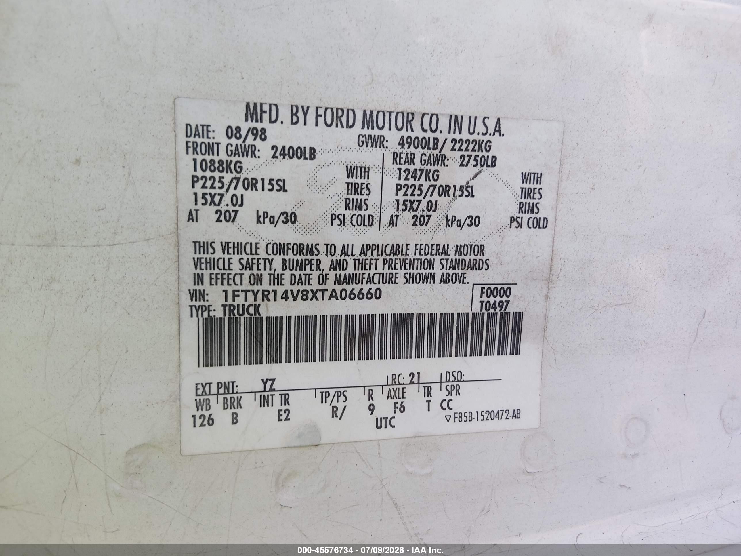 1999 Ford Ranger Xl/xlt White vin: 1FTYR14V8XTA06660