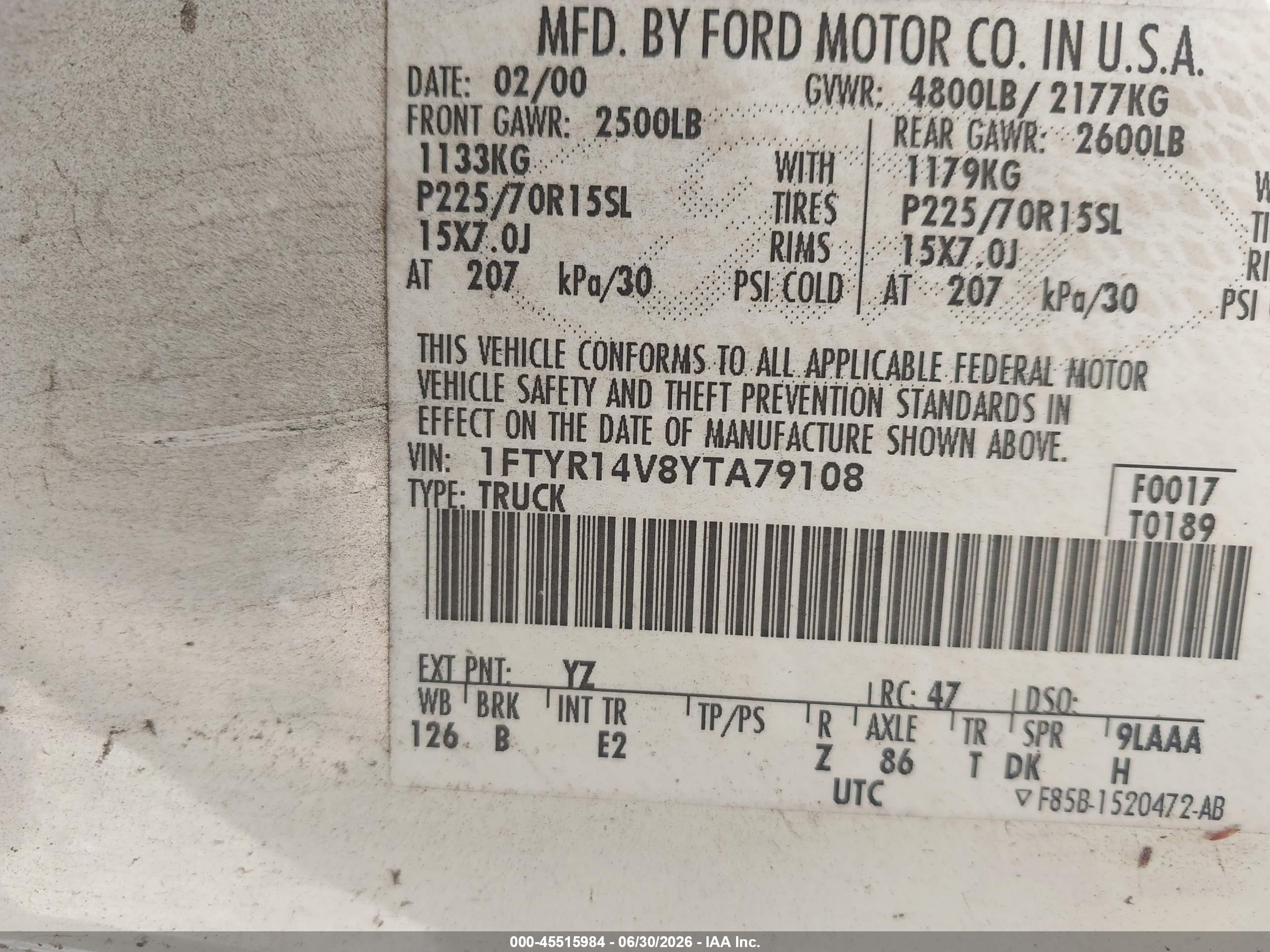 2000 Ford Ranger Xl/xlt White vin: 1FTYR14V8YTA79108