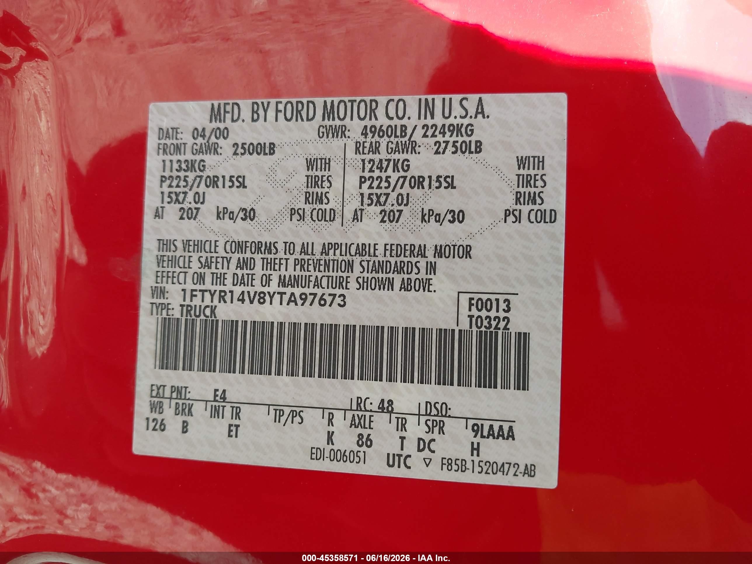 2000 Ford Ranger Xl/xlt Red vin: 1FTYR14V8YTA97673