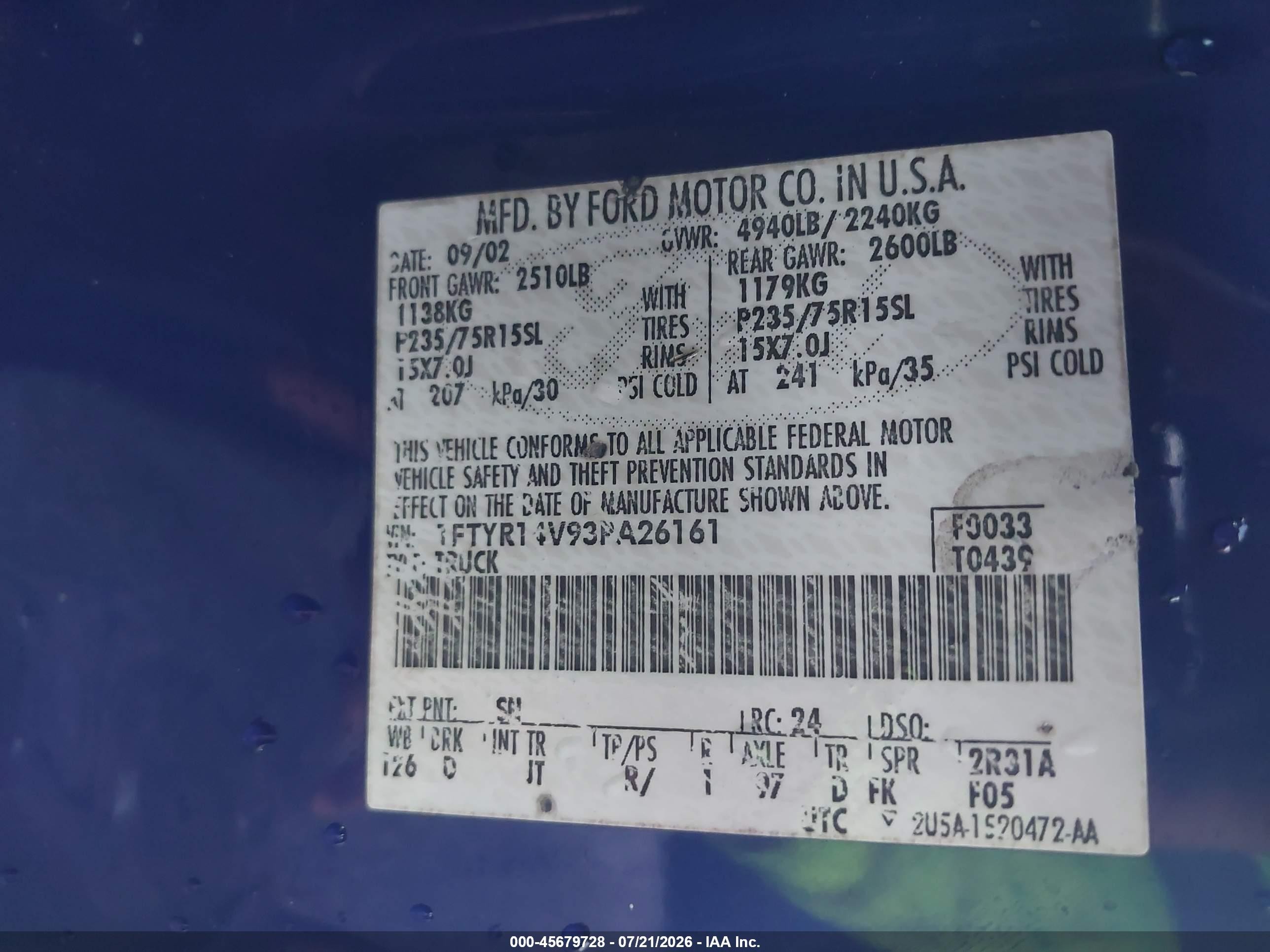 2003 Ford Ranger Edge/tremor/xl/xlt Blue vin: 1FTYR14V93PA26161