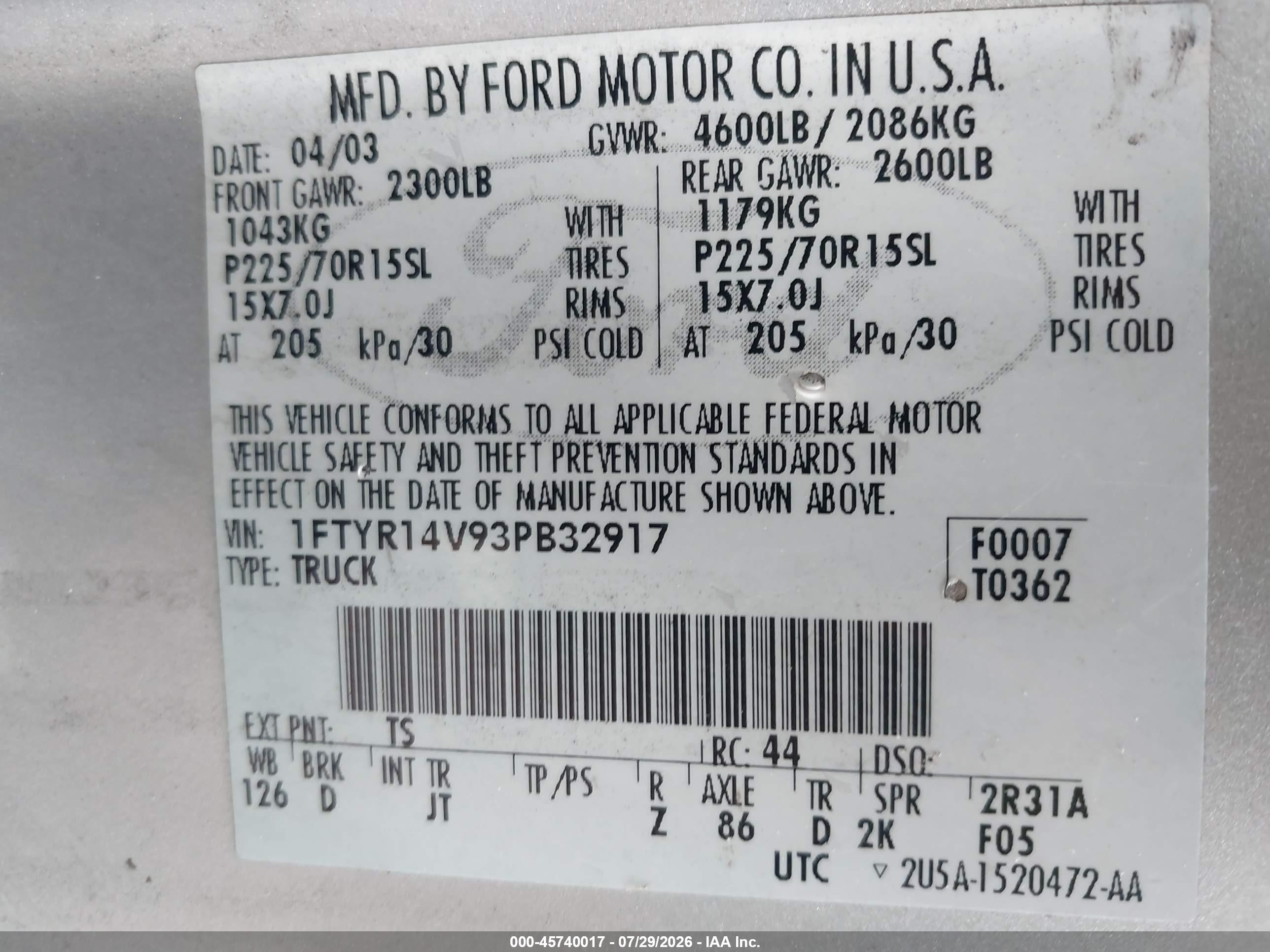 2003 Ford Ranger Edge/tremor/xl/xlt Silver vin: 1FTYR14V93PB32917
