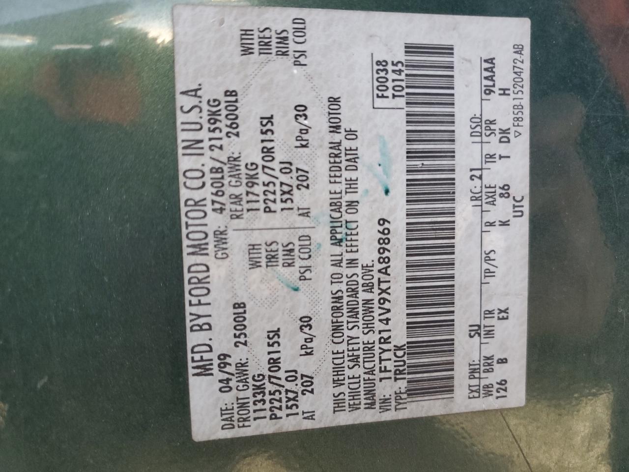 1999 Ford Ranger Super Cab Green vin: 1FTYR14V9XTA89869