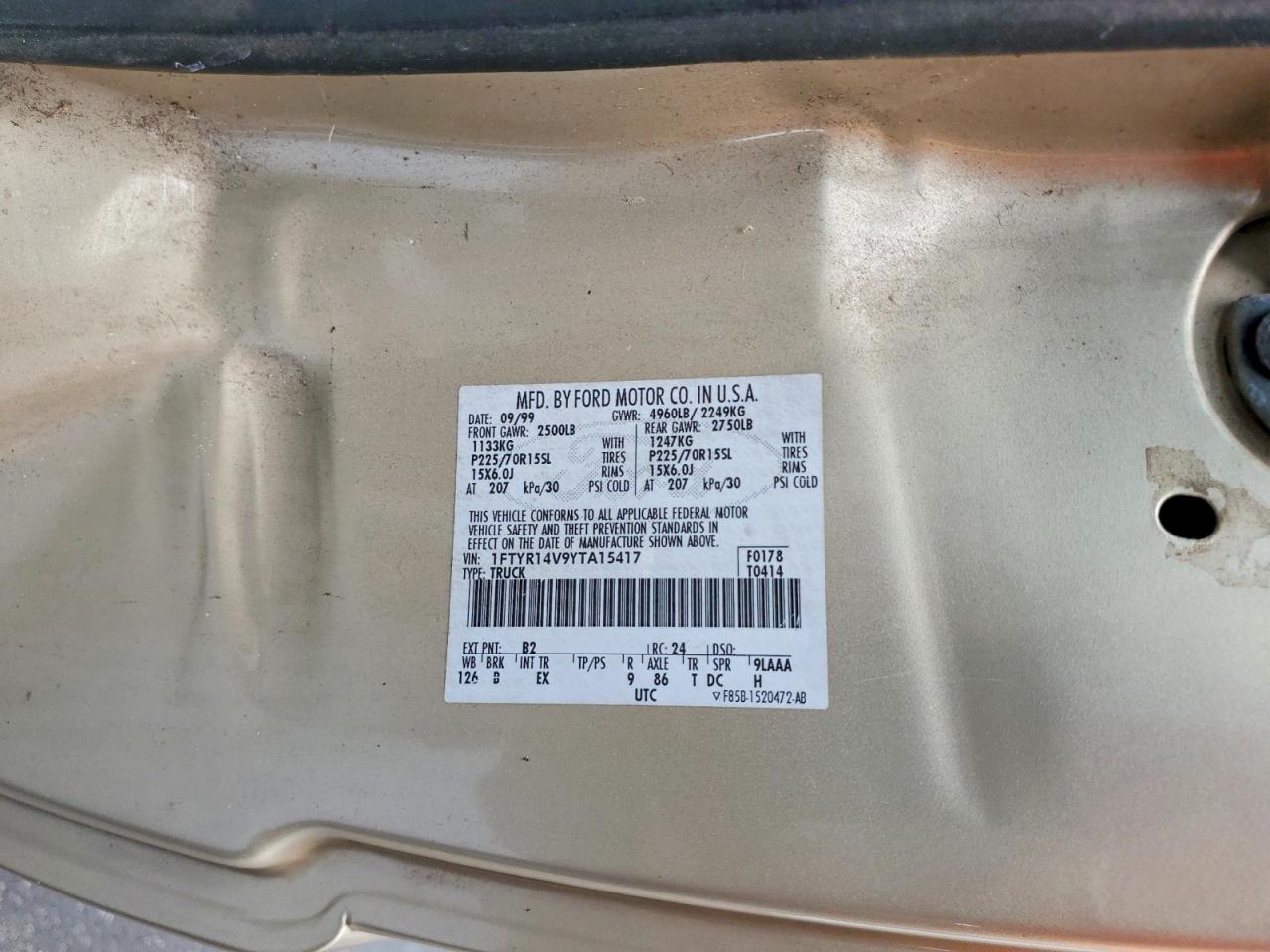 2000 Ford Ranger Super Cab Gold vin: 1FTYR14V9YTA15417