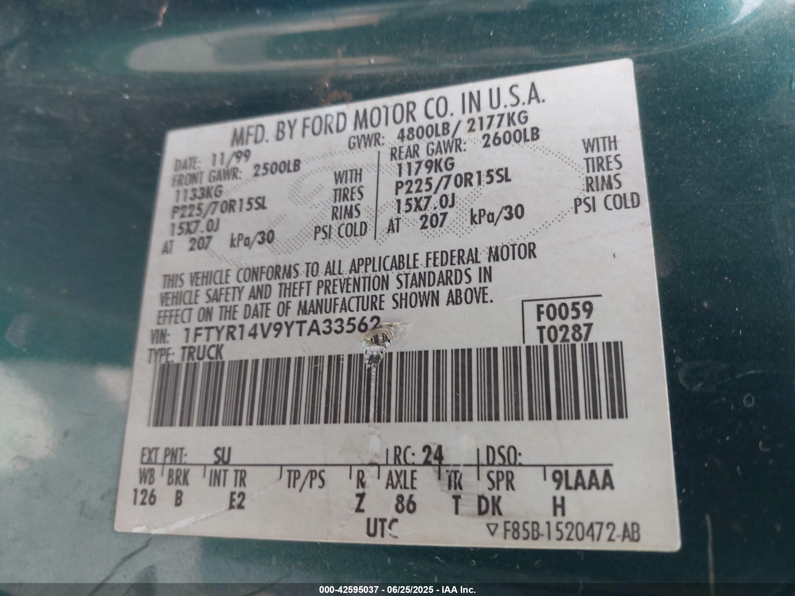 2000 Ford Ranger Xl/xlt Green vin: 1FTYR14V9YTA33562